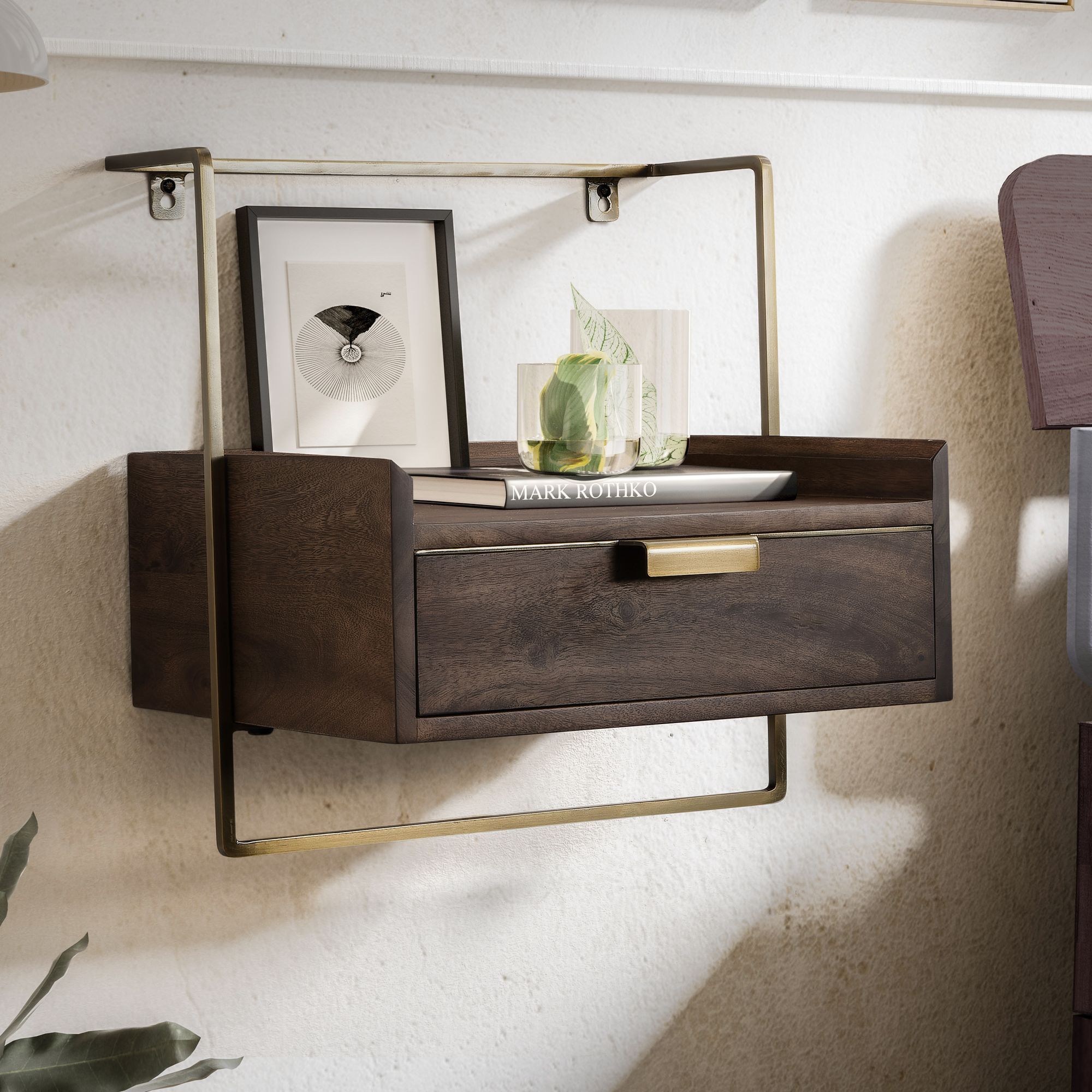 Wall-mounted Nightstand Console 44x45x35 Cm Solid Mango , Bedside Table With Drawer, Floating Wall Shelf For Box Spring Bed, Hanging Night Cabinet