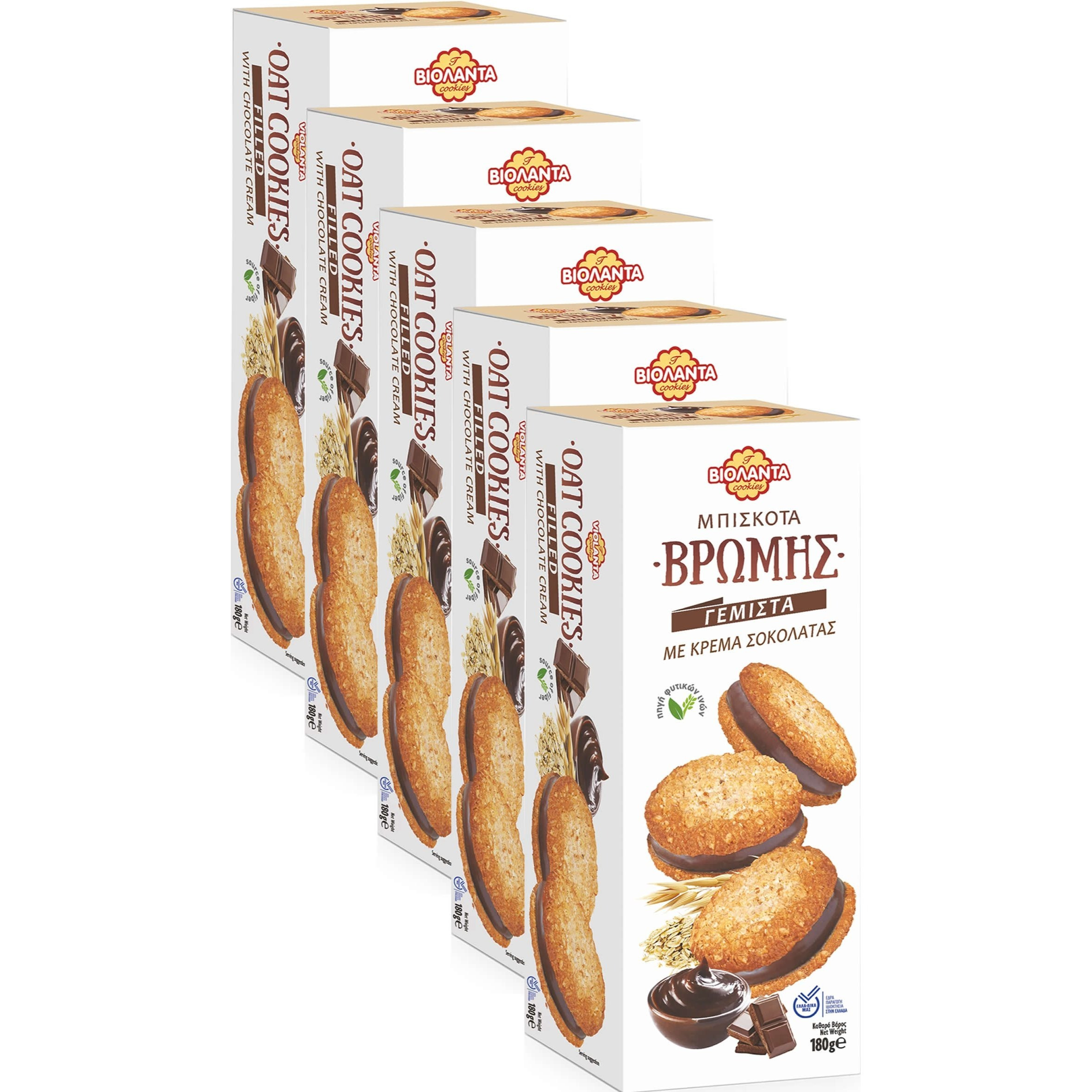 Oat Double Biscuits Filled With Chocolate Cream, High-fiber Biscuits From Greece, 5×180 G (900 G)