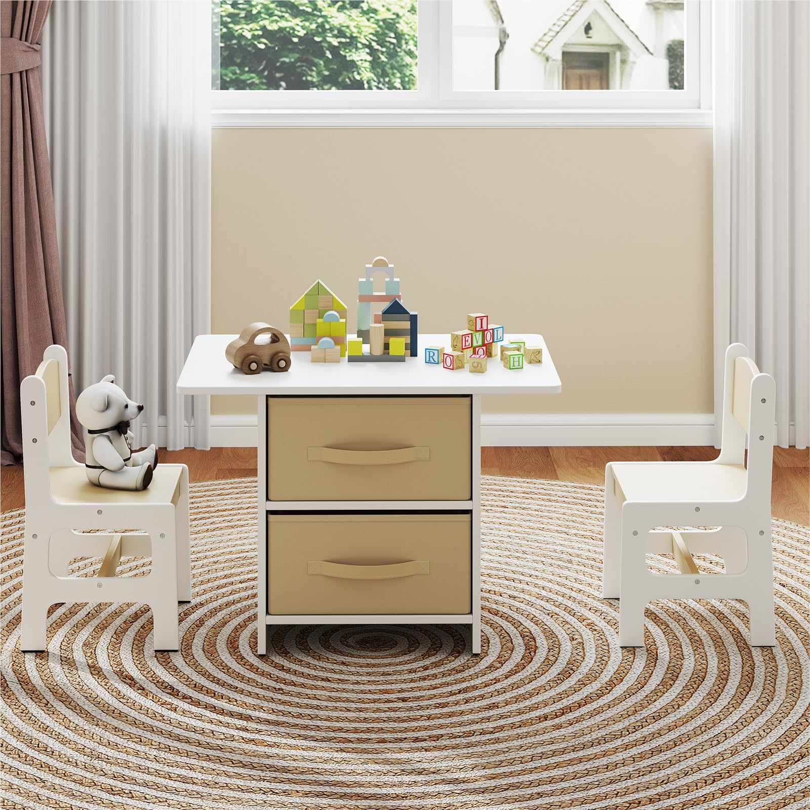Image of Children's Table With 2 Chairs, 3pcs Set. Wooden Children's Seating Group With 2 Removable Baskets, Wide Table Top & Puzzle, Activity Table With Storage Space For Children From 3 Years Old (beige)