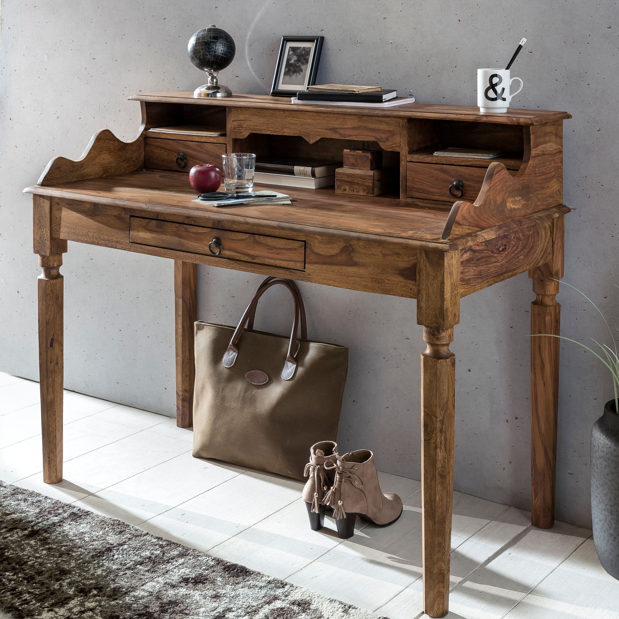 Image of Solid Wood Desk Console, Secretary Desk 115 X 100 X 60 Cm With 3 Drawers And Compartments, Country-style Console Table In Modern Natural Wood, Work Desk With Storage Options