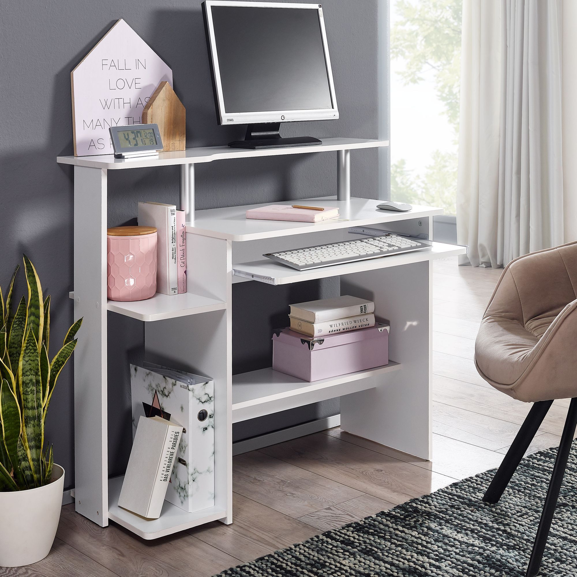 Computer Desk 94x90.5x48.5 Cm Modern Laptop Table With Keyboard Tray, Space- Pc Desk With Printer Shelf, Writing Desk For Small Rooms With Storage, Small Laptop Table