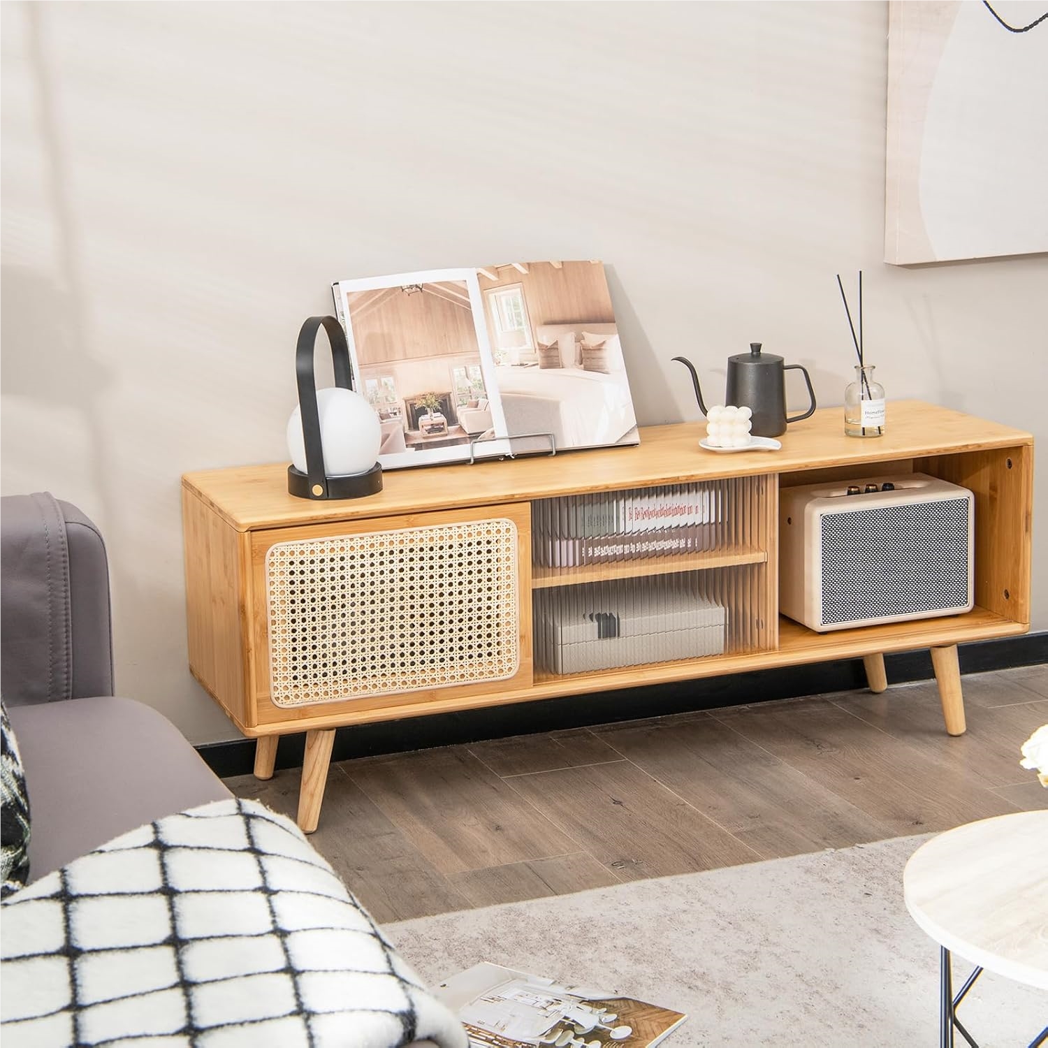 Image of Tv Cabinet Made Of Bamboo And Rattan, Tv Cabinet For Tvs Up To 55 Inches, Tv Lowboard With 2 Open Dividers