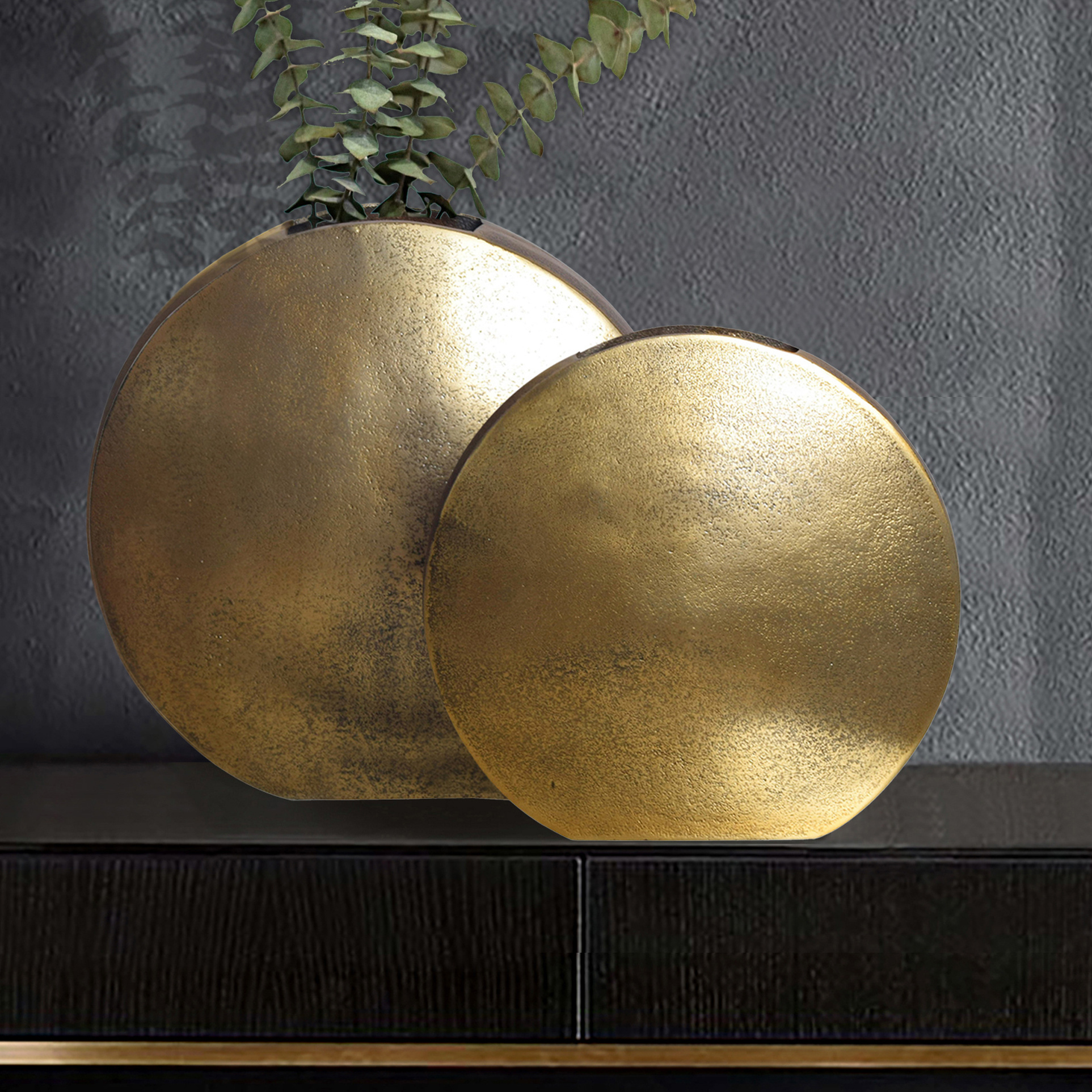 Image of Decorative Vase Set Of 2, Modern Aluminum Flower Vase, Round Decorative Vase 2-piece Set For Flowers, Aluminum Table Vase, Home Decor, Metal Table Decor, Handcrafted