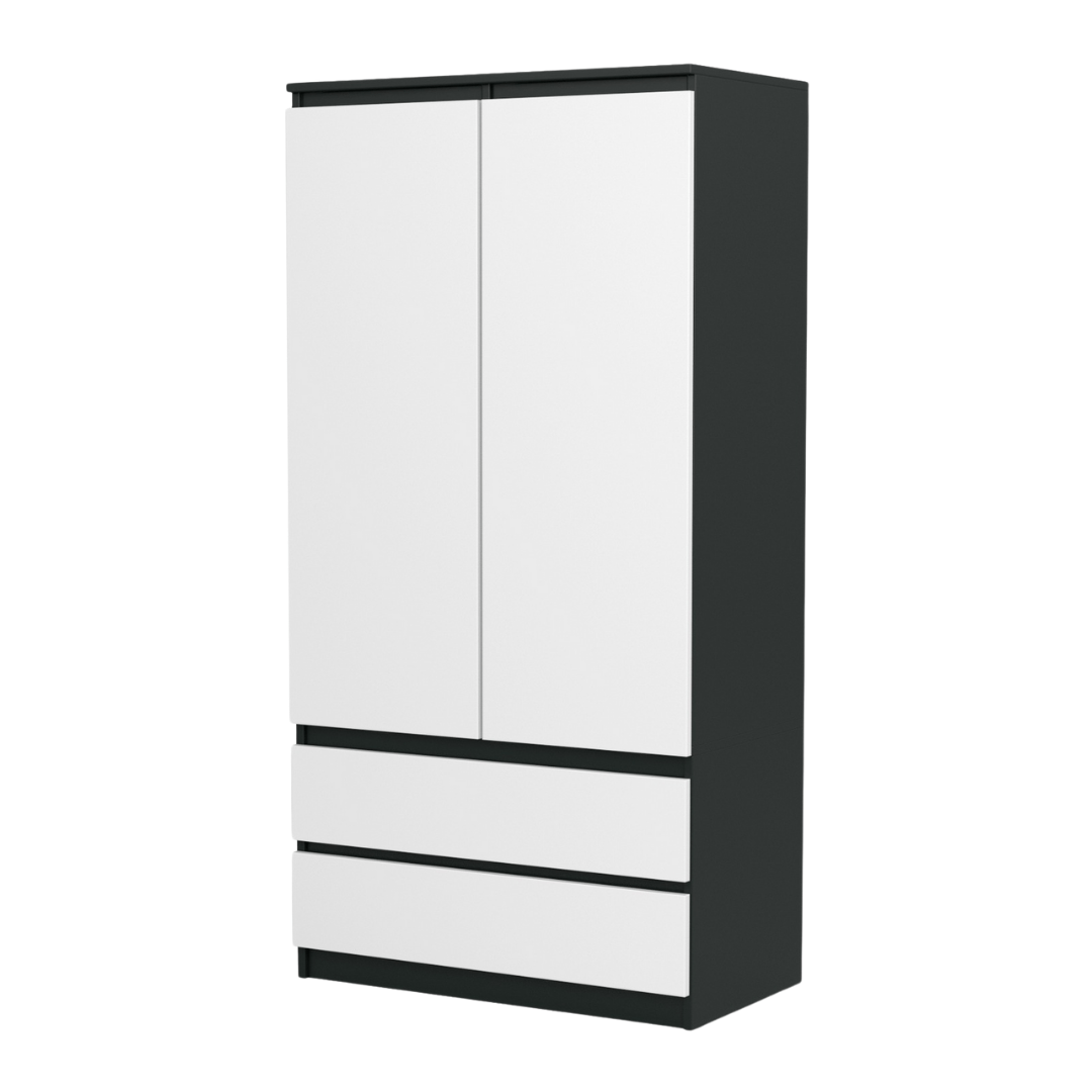 Vbchome Wardrobe 90x50x180 Cm White-black With 2 Doors, 2 Drawers, 4 Shelves And Clothes Rail