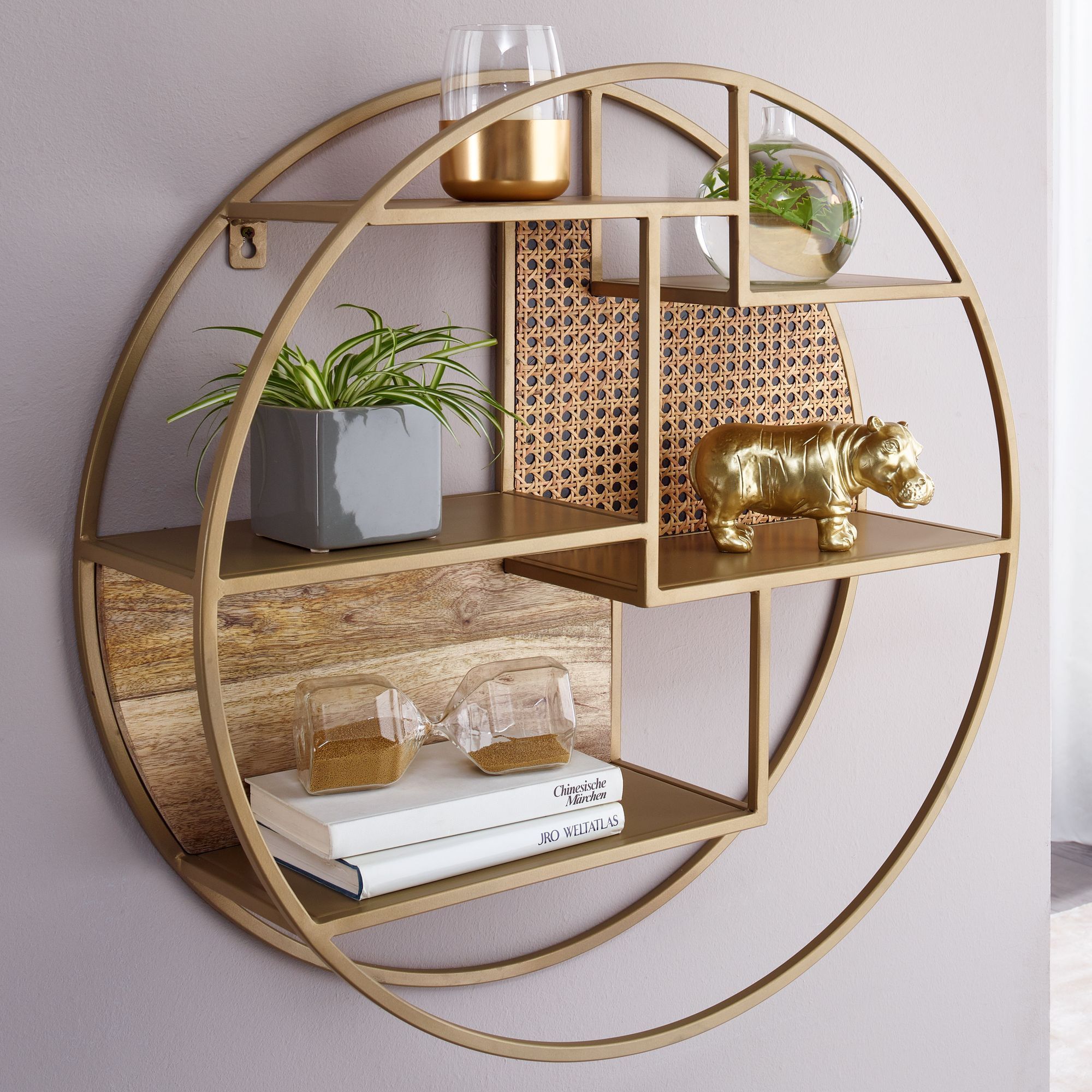 Image of Rattan Wall Shelf 62x62x17 Cm Hanging Shelf Solid Wood/metal Industrial, Floating Shelf Vienna Wicker Round Wall, Open Hanging Shelf For Living Room