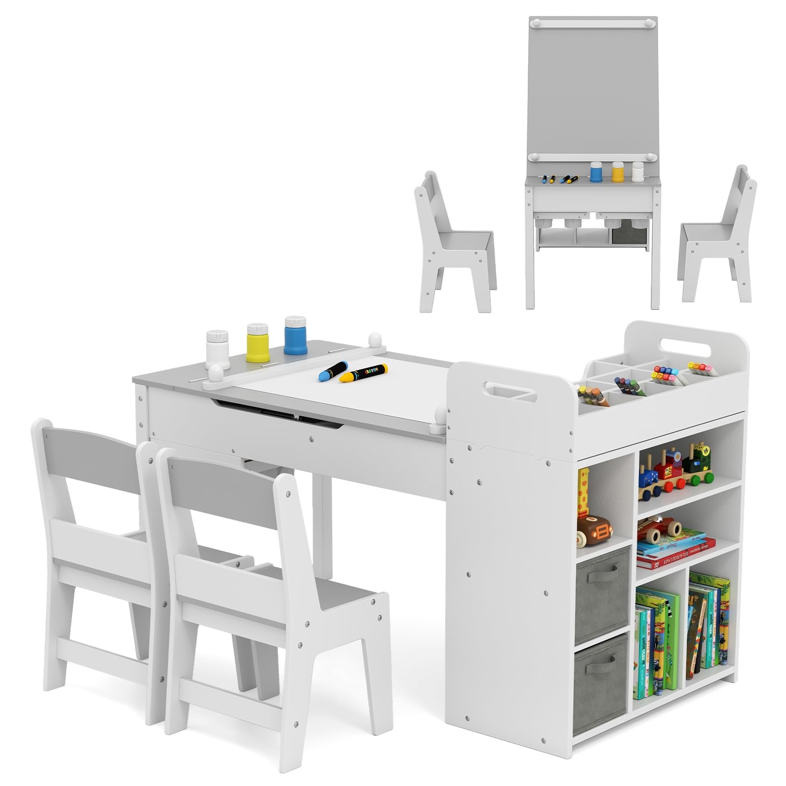 Table And Chair Game for Kids with Paper Roll, Activity Desk with Drawing Panel, Storage Shelves, Boxes And Organizer for Drawing, Study (Gray)
