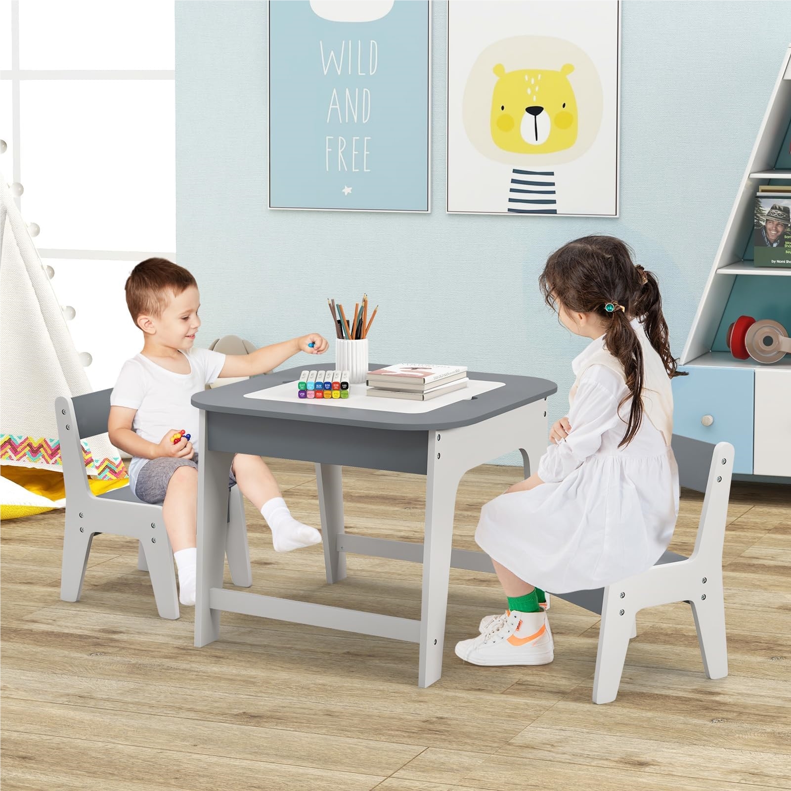 Image of Children's Table With 2 Chairs, 3-piece Wooden Kids' Seating Set With Double-sided Tabletop, 3-in-1 Drawing Table & Craft Table & Activity Table With Storage Space For Toddlers (grey)