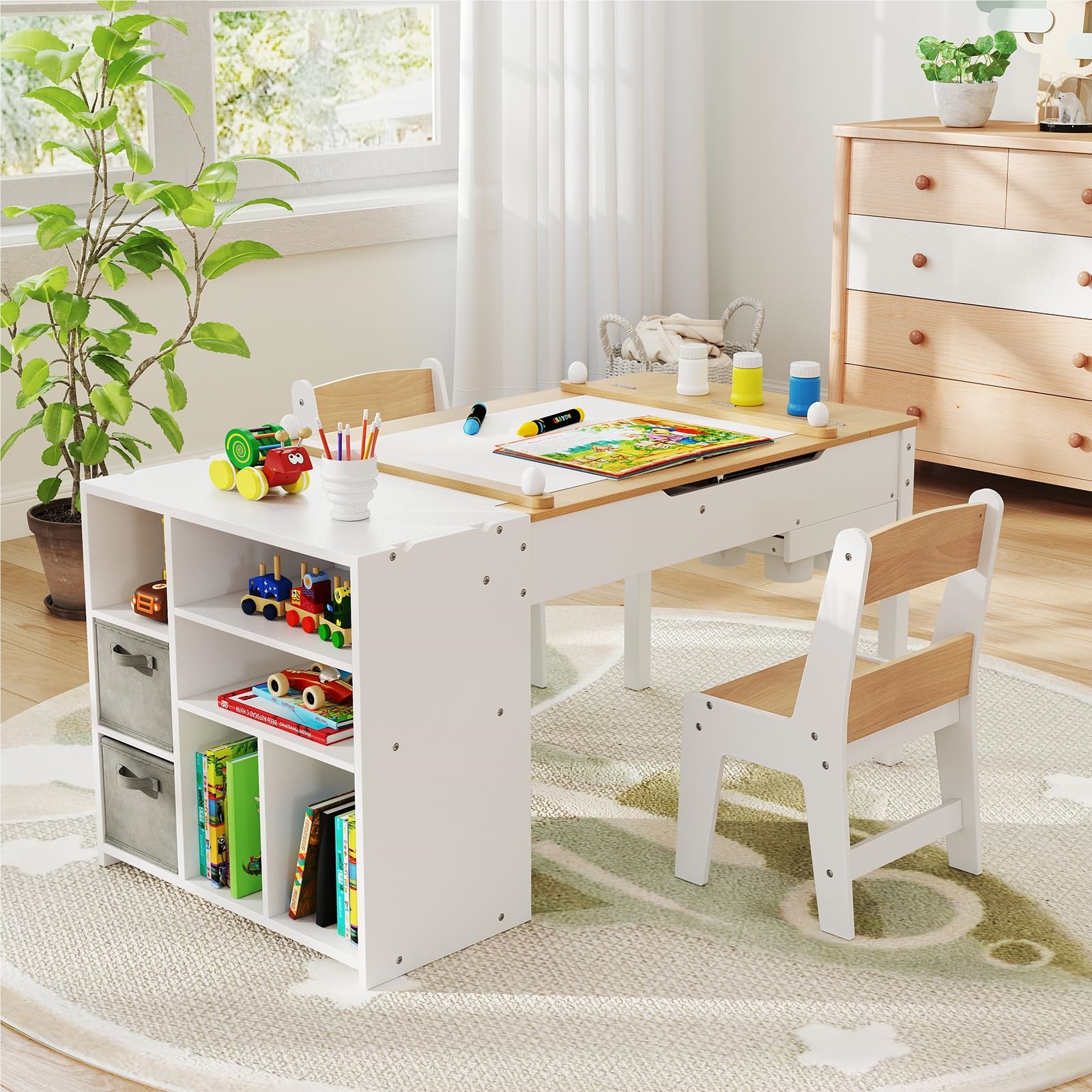   Table with 2 Chairs, 3 in 1 Painting Table + Easel Wooden with Storage,   Seating Group with   Table Top & Removable Tray, Craft Table for Children from 3 Years Old (Natural)