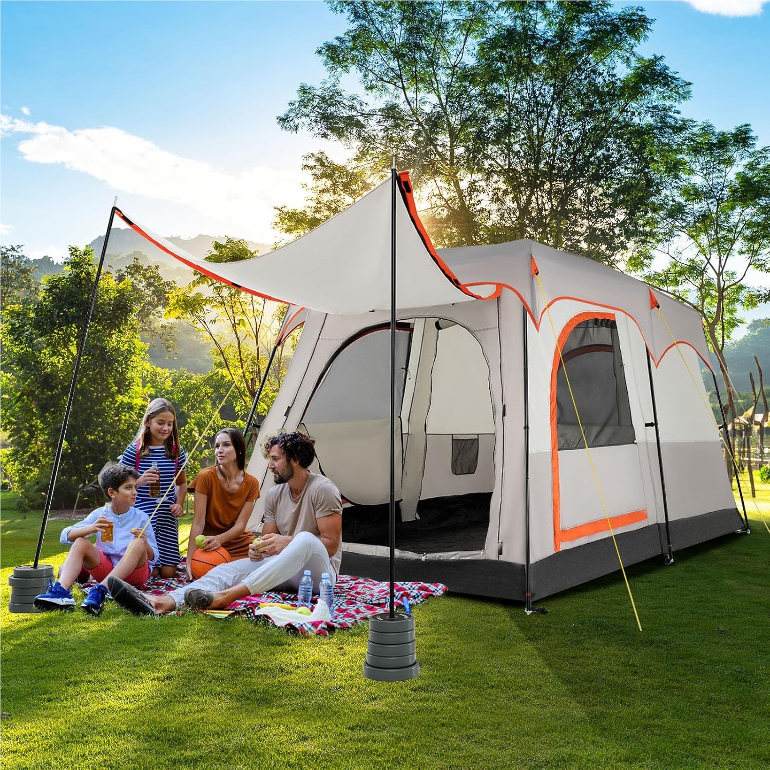 Tent For 4-6 People, Camping Tent With Awning And 2-room Partition, Large Tunnel Tent With Sewn-in Tent Floor, Family Tent With Carrying Bag For Camping