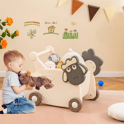 Car for Kids, Walking Aid with 18 L Storage Space & Wheels, Toy Car for Pushing & Pulling, Walker for Boys Or Girls from 1 Year, Beige.