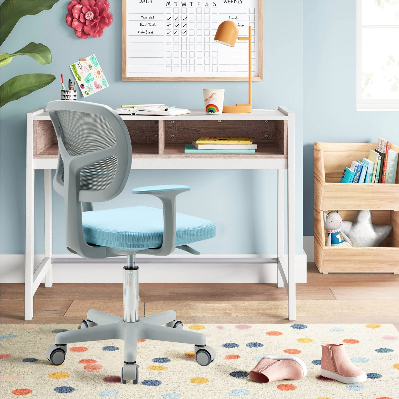 Image of Children's Desk Chair, 80 - 91.5 Cm Height Adjustable Youth Chair With Backrest & Armrests, Computer Chair With For Kids Aged 3 - 10 Years, Blue