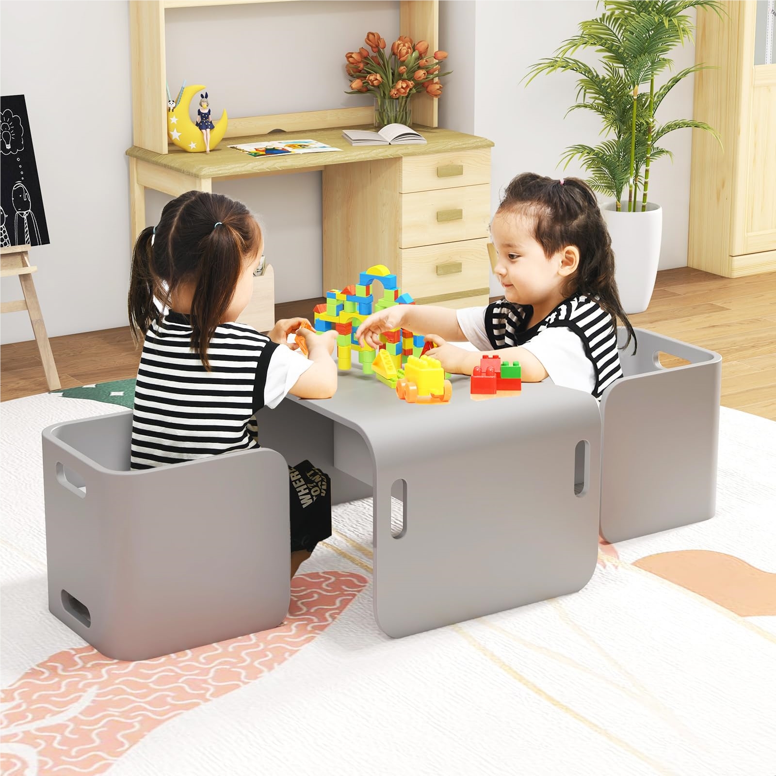 Image of 3pcs Children's Table With 2 Chairs Birch, Wooden Children's Seating Group Space-, Seating Group For Children, Children's Furniture For Children's Room, Kindergarten (gray)