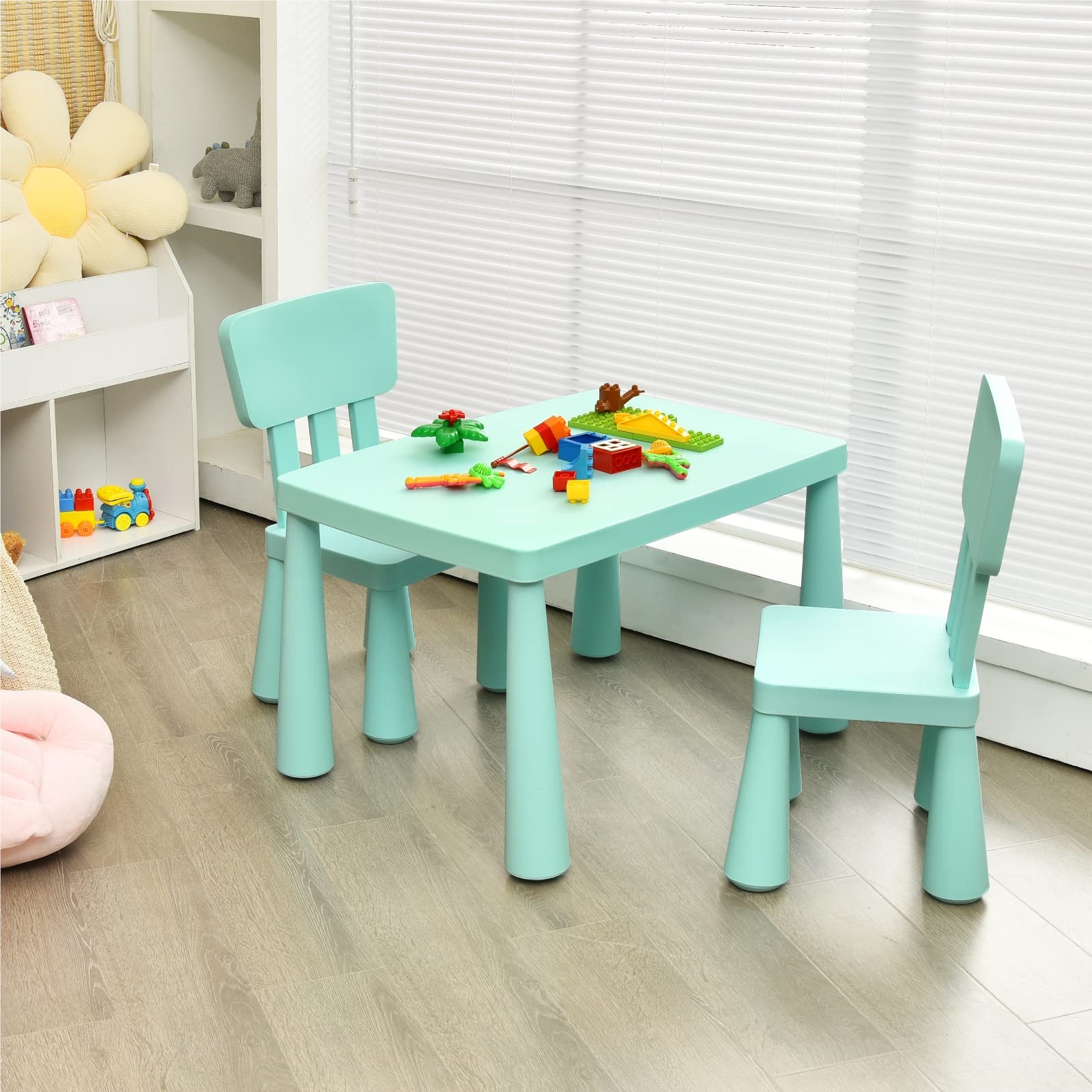 Image of 3-piece Kids' Seating Set, Children's Table With 2 Chairs, Plastic Kids' Furniture, Children's Table Set For Kindergarten And Kids' Room (green)