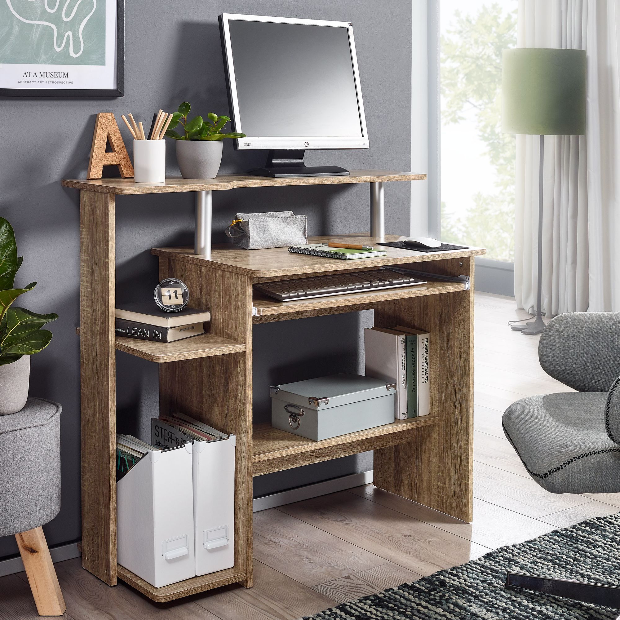 Computer Desk 94x90.5x48.5 Cm Modern Laptop Table With Keyboard Tray, Space- Pc Desk With Printer Shelf, Writing Desk For Small Rooms With Storage, Small Laptop Table