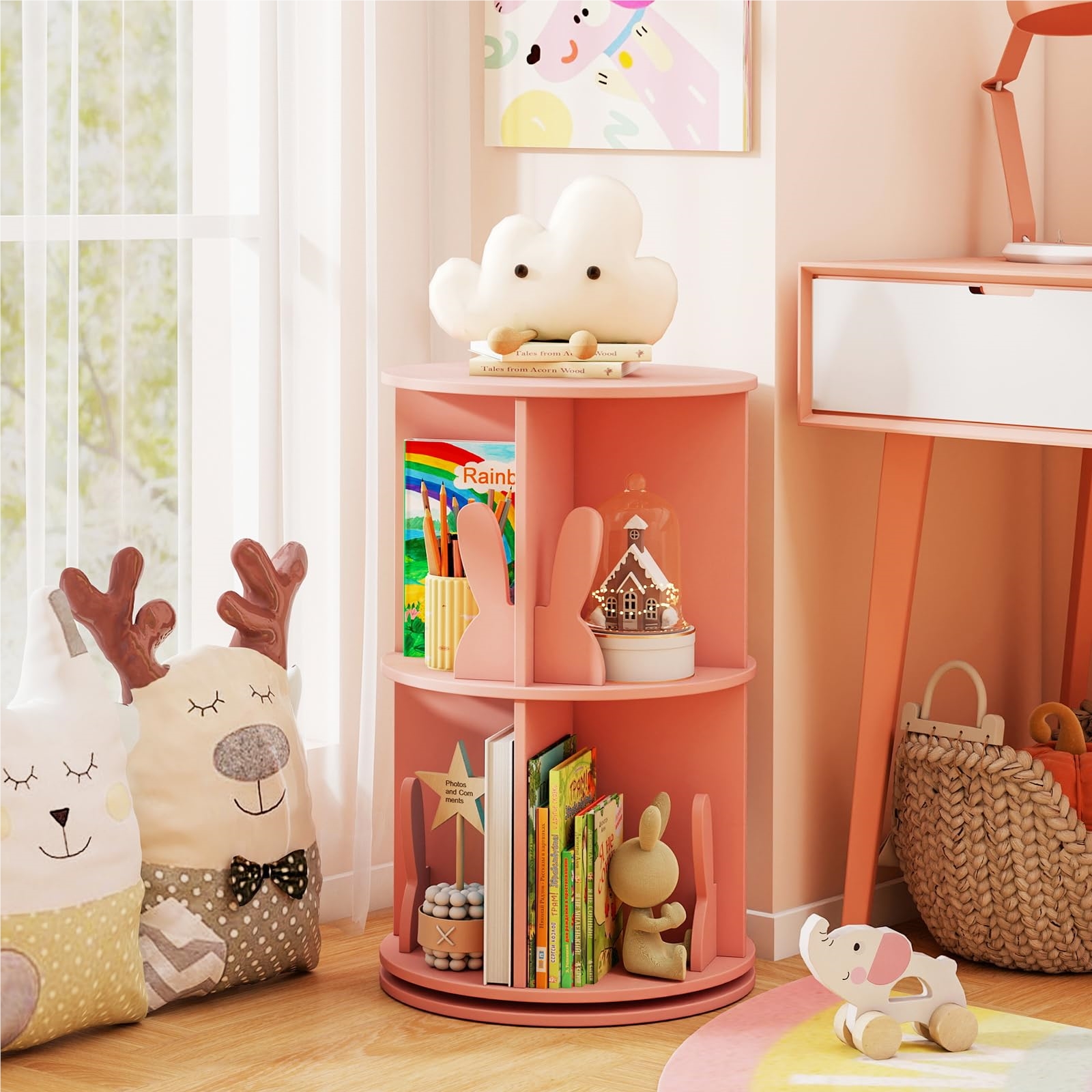 Image of Rotatable Bookshelf For Kids, 2-tier Children's Bookshelf With Rabbit-shaped Dividers, , Freestanding Children's Bookcase, Toy Shelf For Kids' Room, Playroom, 40 X 40 X 65cm (pink)