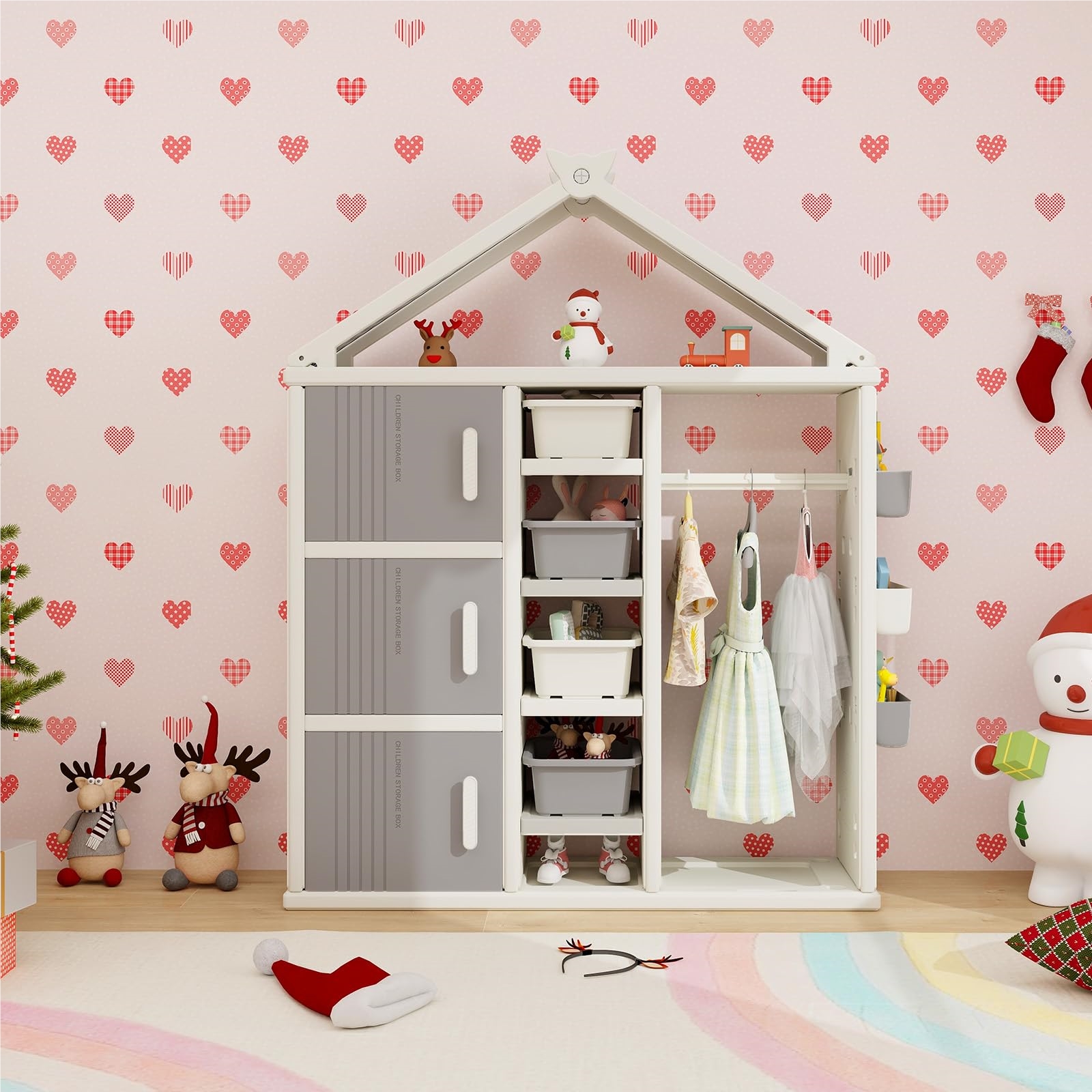 Image of House-shaped Kids' Shelf With Clothes Rod, Children's Bookshelf, Toy Shelf With Shelves, Side Baskets & 4 Storage Boxes, Toy Organizer Toy Cabinet For Kids' Room (gray)