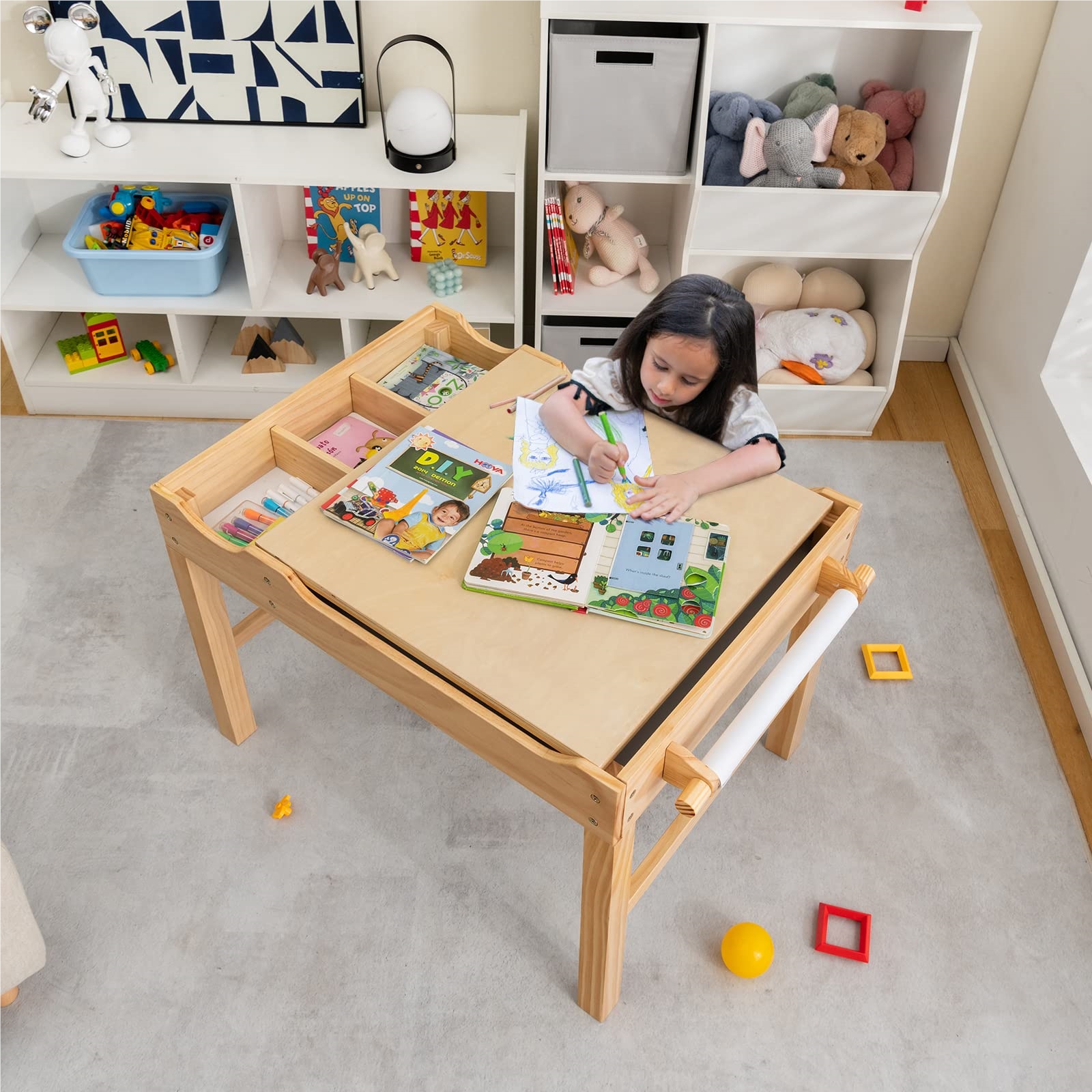Image of 2 In 1 Children's Table With Reversible Tabletop, Play Table Made Of Pine Wood With Storage, Side Rail & Paper Roll, Activity Table Table For Children From 3 Years Old (natural)