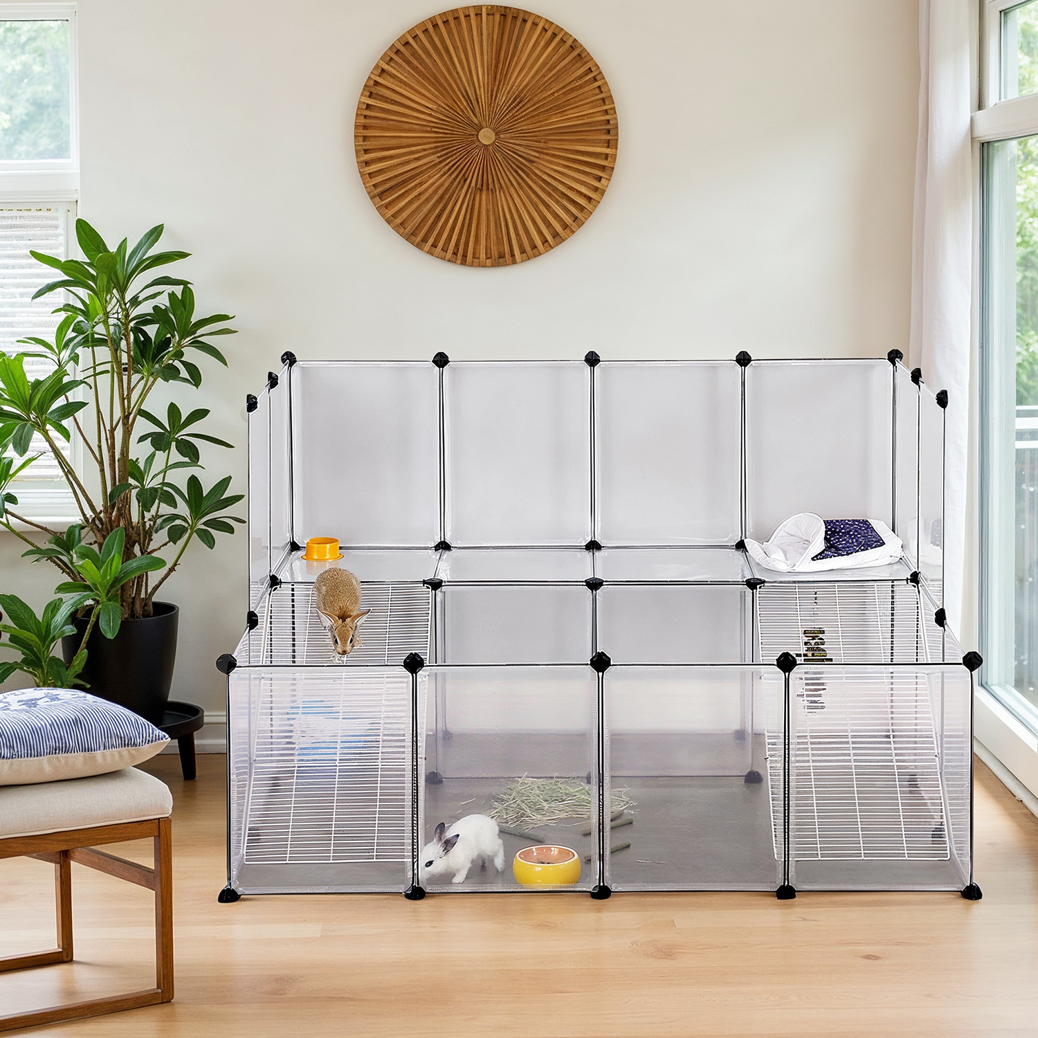 E-shop Freigehege für Kaninchen, Gehege für Kleintiere, 143 x 108 x 93 cm, Meerschweinchen-Gehege, Laufstall, aus Kunststoff, Hamster