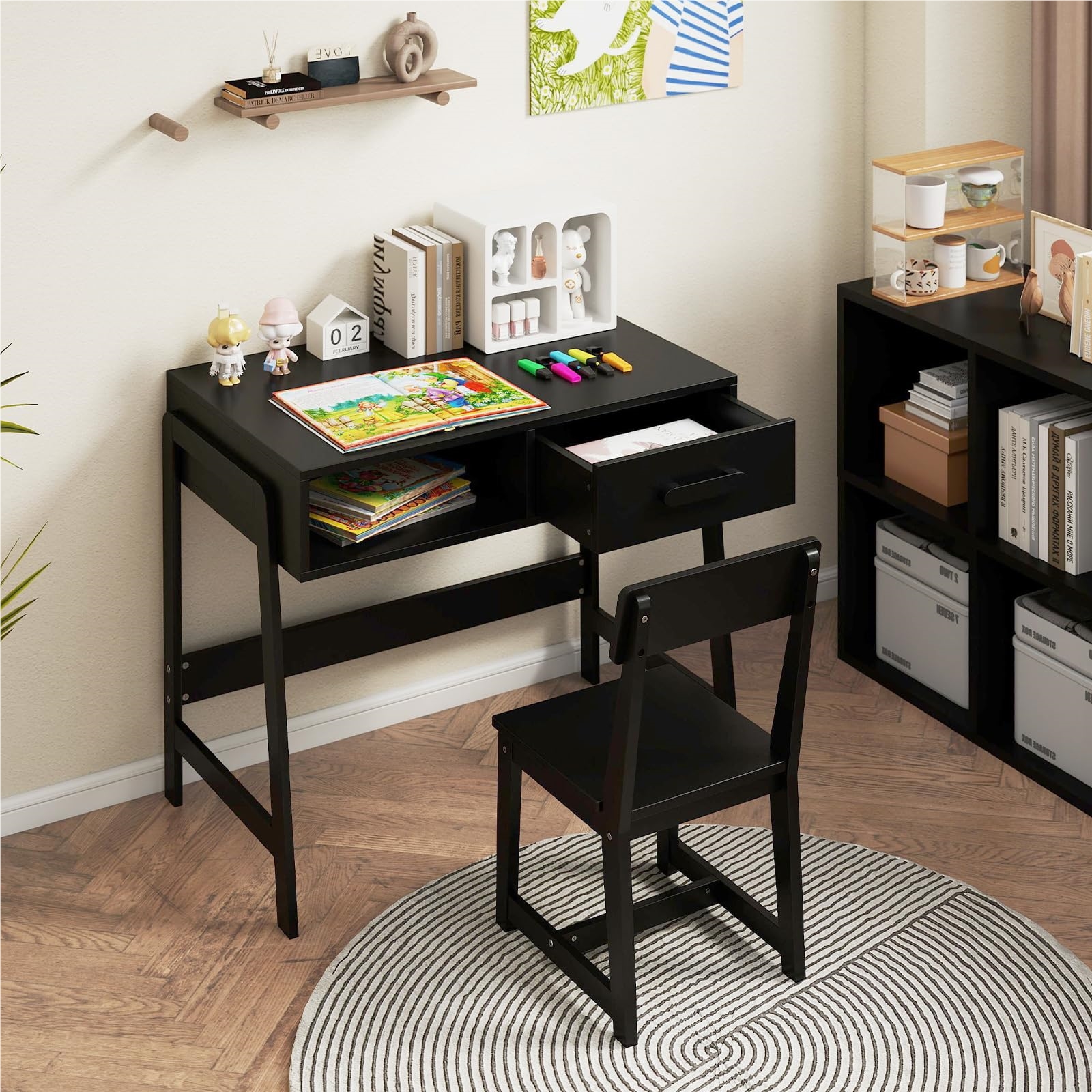Image of Children's Desk With Chair, Wooden Study Desk Set With Drawer & Shelf, Student Desk For Kids Ages 3+, 85 X 46 X 70 Cm (black)