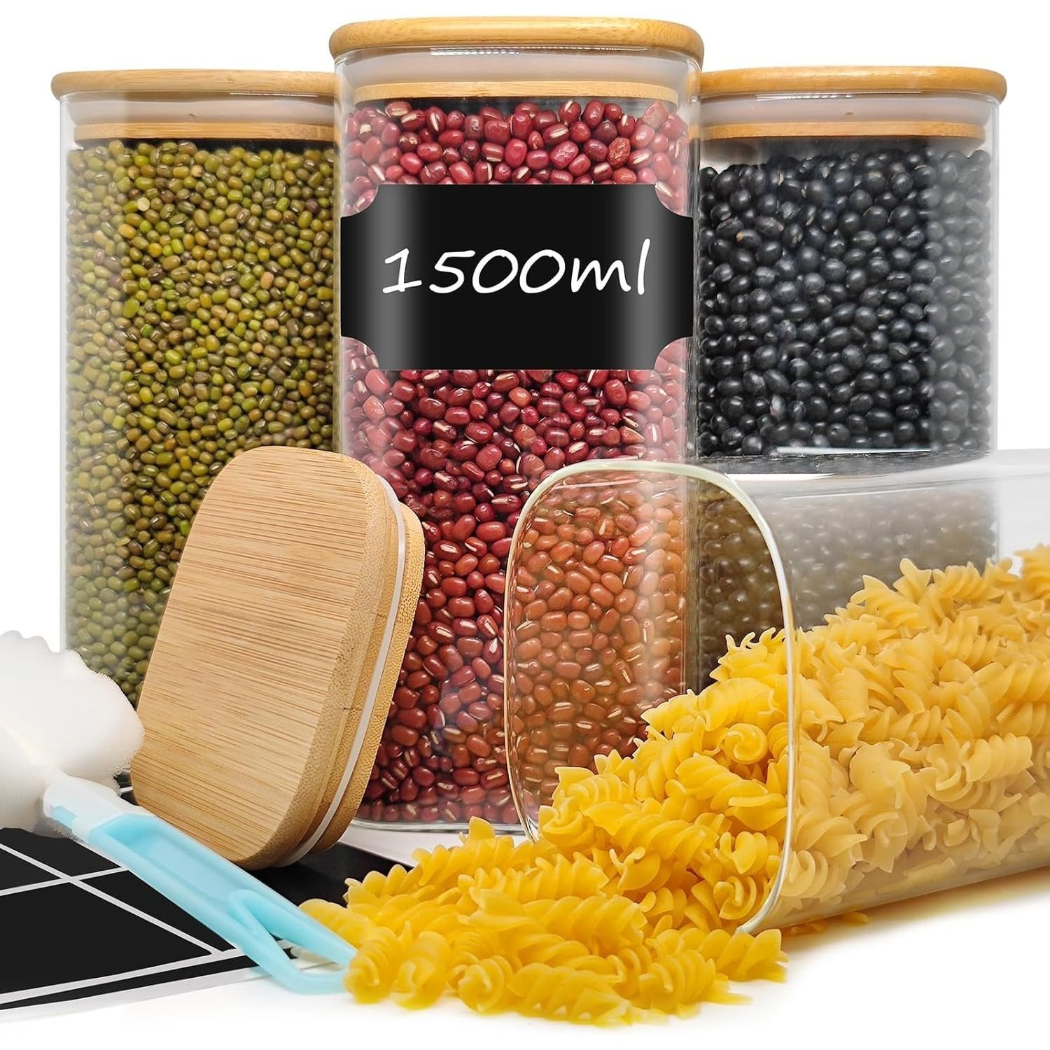 E-shop Set von 4, 1500 ml Aufbewahrungsbehältern mit Deckel, quadratischer Glasbehälter, Holzdeckel, Aufbewahrungsbehälter für , Hafer, Bohnen