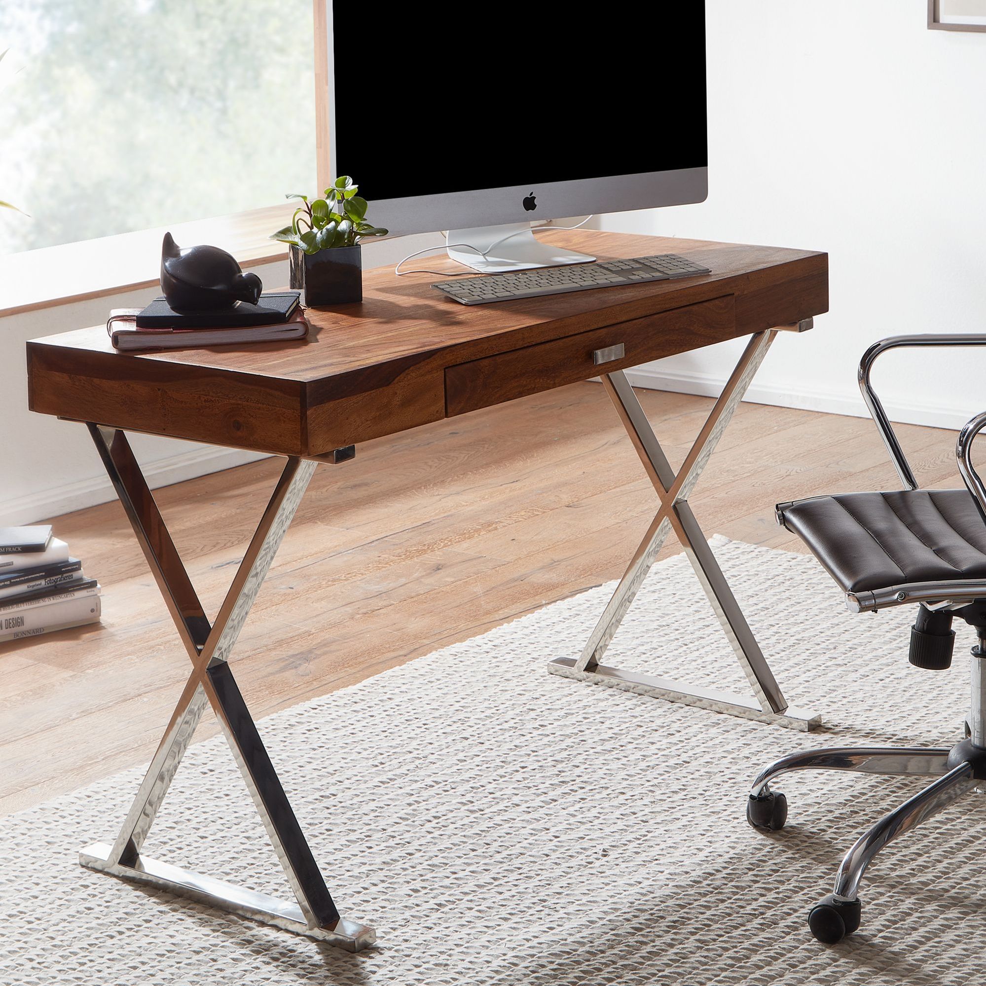 Desk 120x55x78 Cm Solid Wood / Metal, Desk With Drawer, Home Office Laptop Table Computer Desk With Storage Space