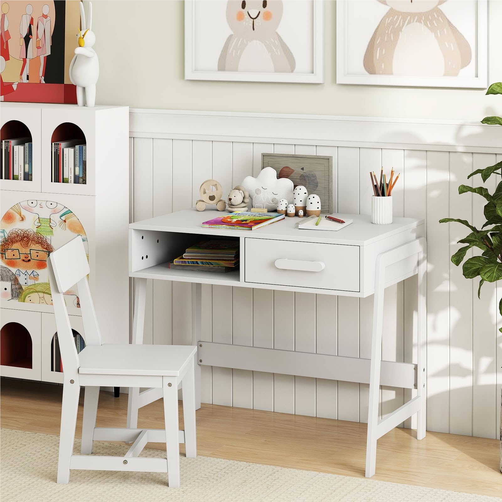 Image of Children's Desk With Chair, Wooden Children's Desk Set, Youth Desk With Drawer & Shelf, Student Desk For Children From 3 Years, 85 X 46 X 70 Cm (white)