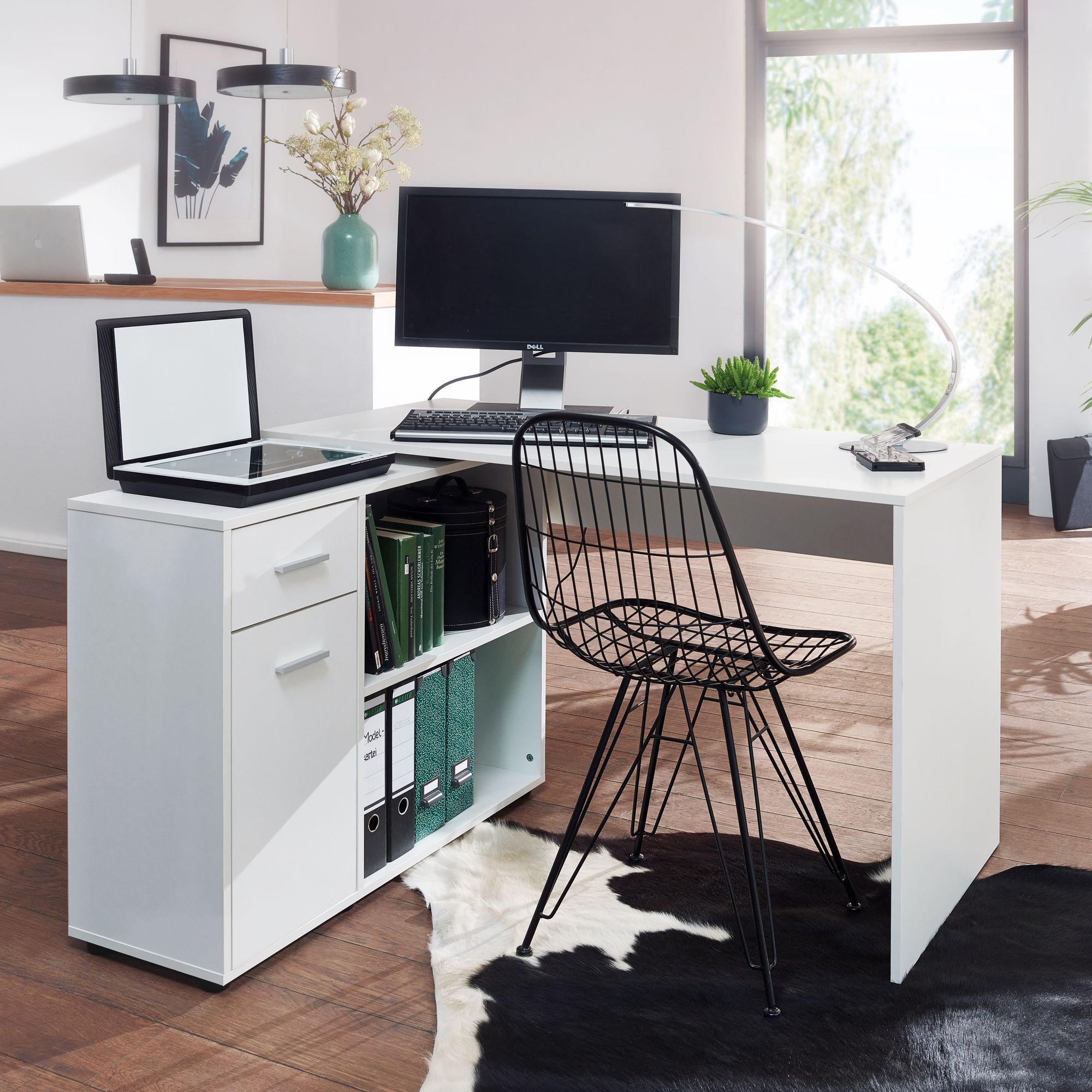 TEMU Design Eckschreibtisch mit Regal 120 x 75,5 x 106,5 cm, Moderner Büro-Schreibtisch, Computer-Tisch Arbeitszimmer, Winkelschreibtisch Home Office