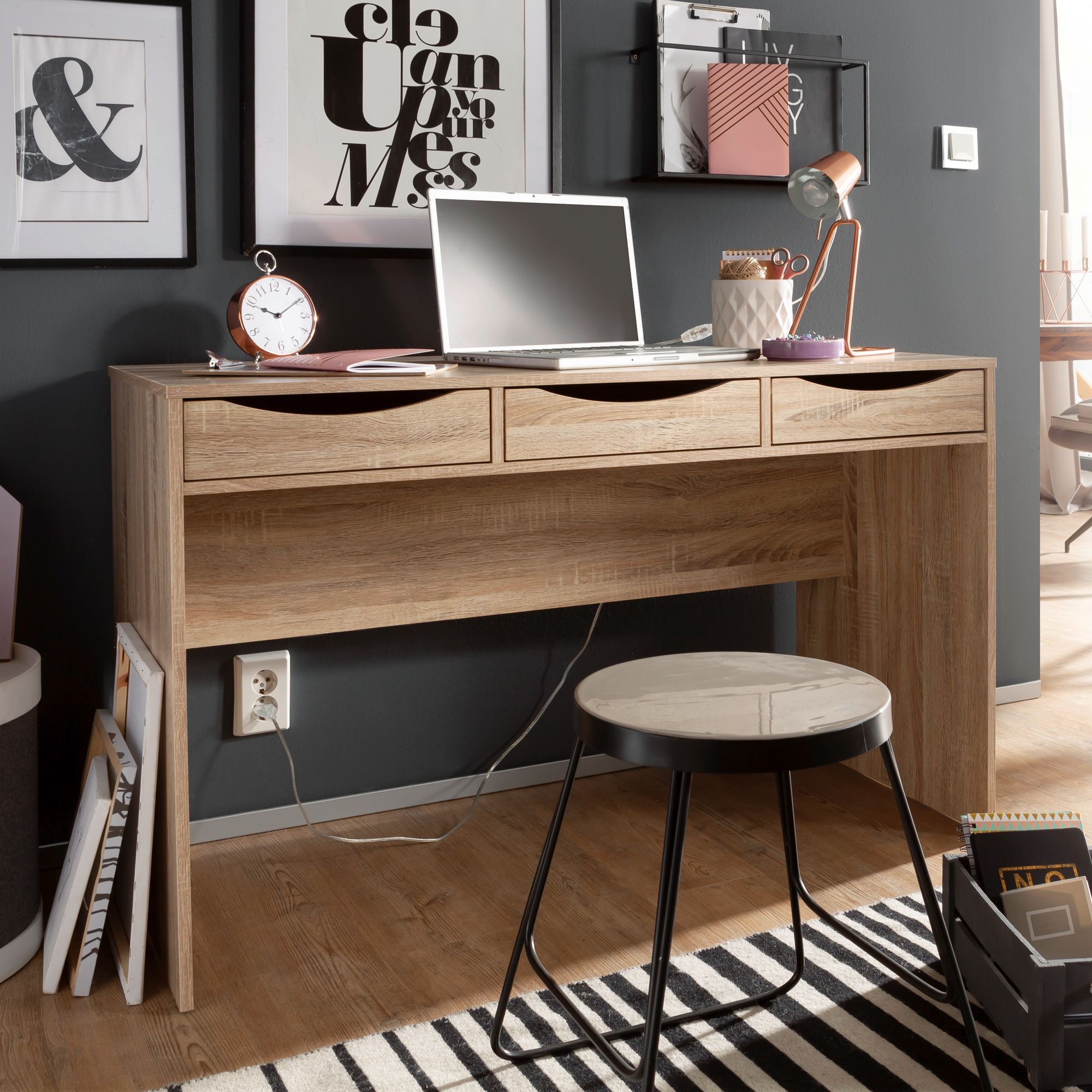Image of Desk 120 Cm, Office In Oak, Desk With 3 Drawers And Storage Space, Space- Youth Desk Suitable For Laptop.
