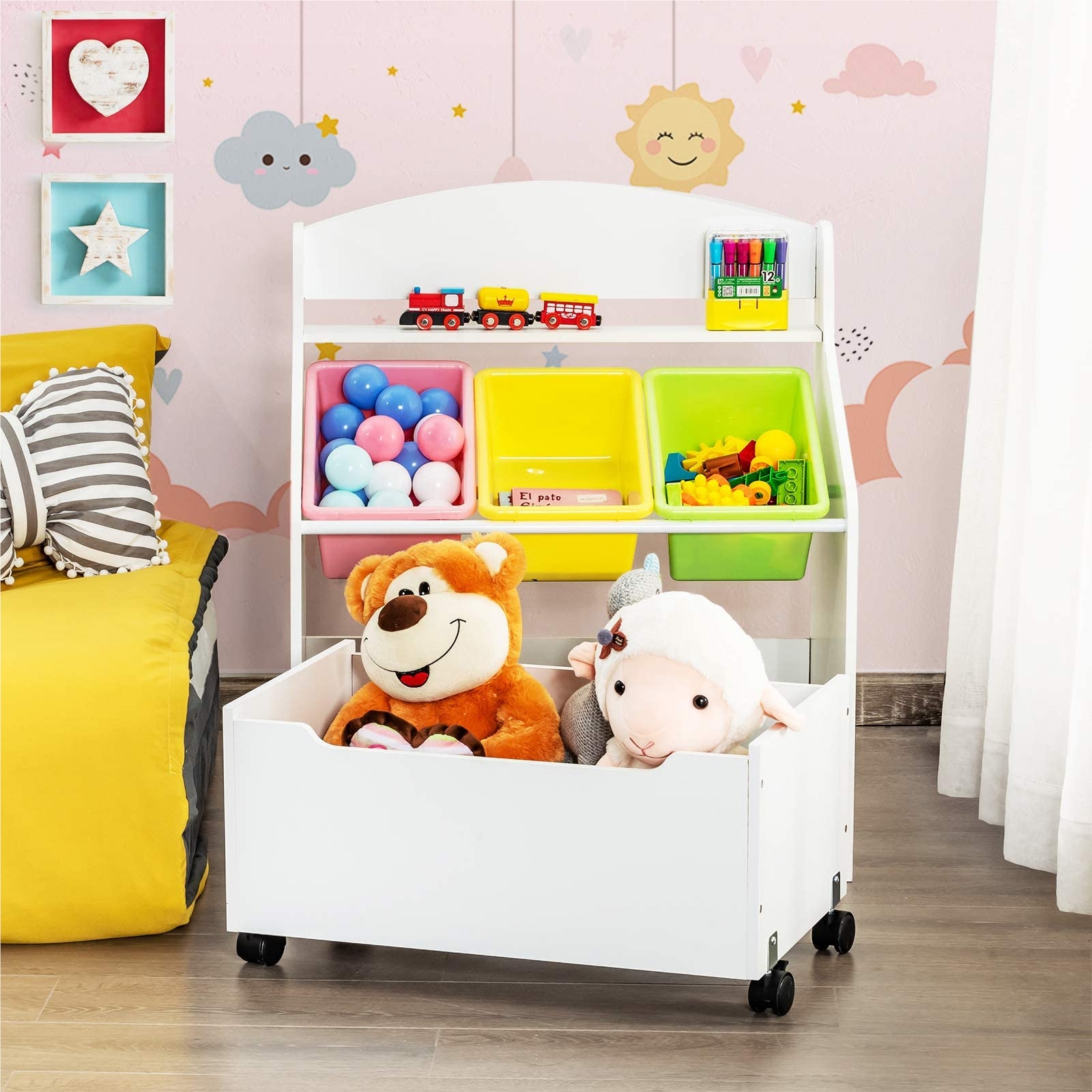 Image of Children's Shelf With Rolling Compartment, Kids' Bookshelf, Toy Shelf With 3 Storage Boxes & Shelf, Toy Cabinet, Toy Organizer For Kids' Room, Kindergarten (white)