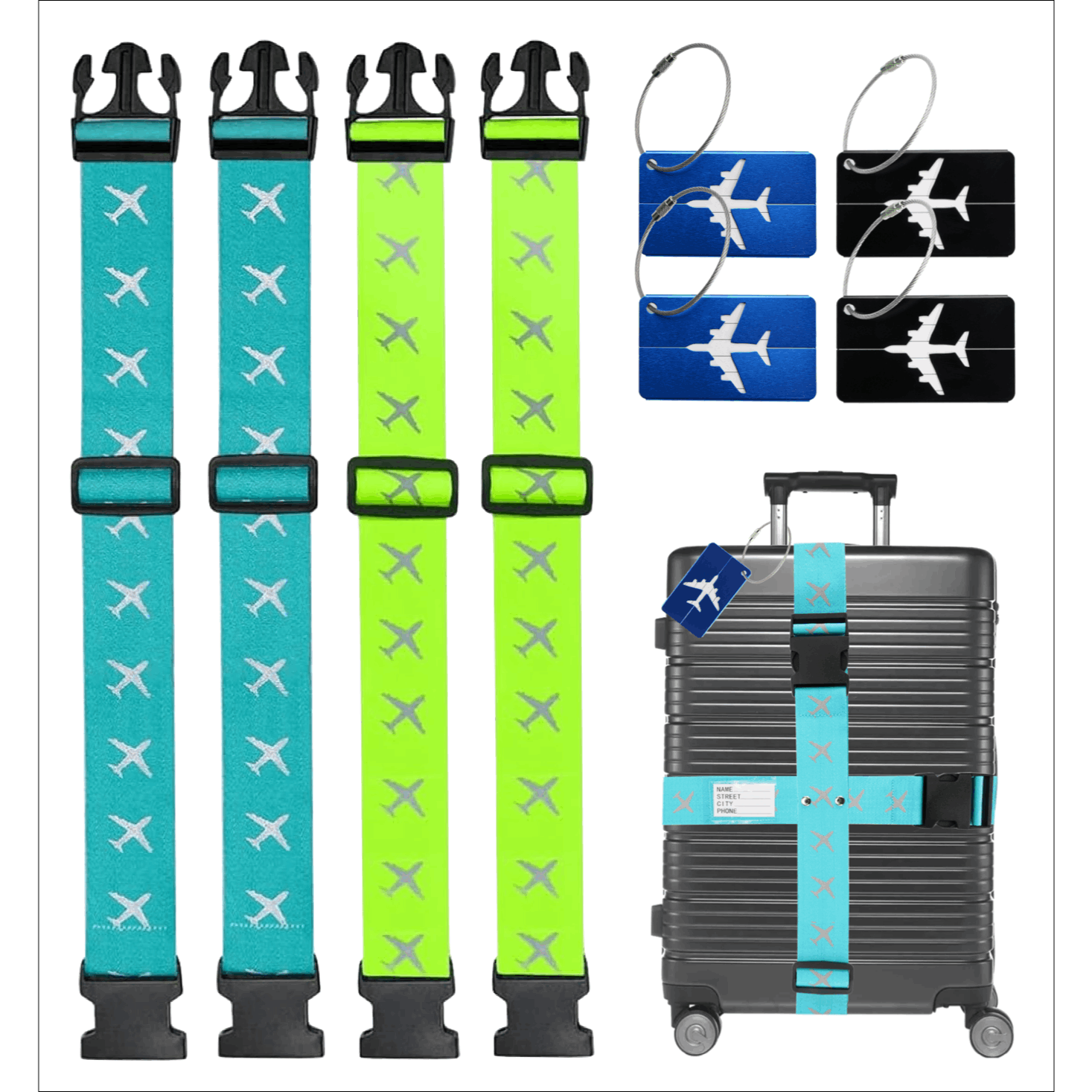 E-shop TK 4er Kofferband & 4er Kofferanhänger Set farbig, (Packung, 4-tlg., Kofferband Set), Mit Kofferanhänger