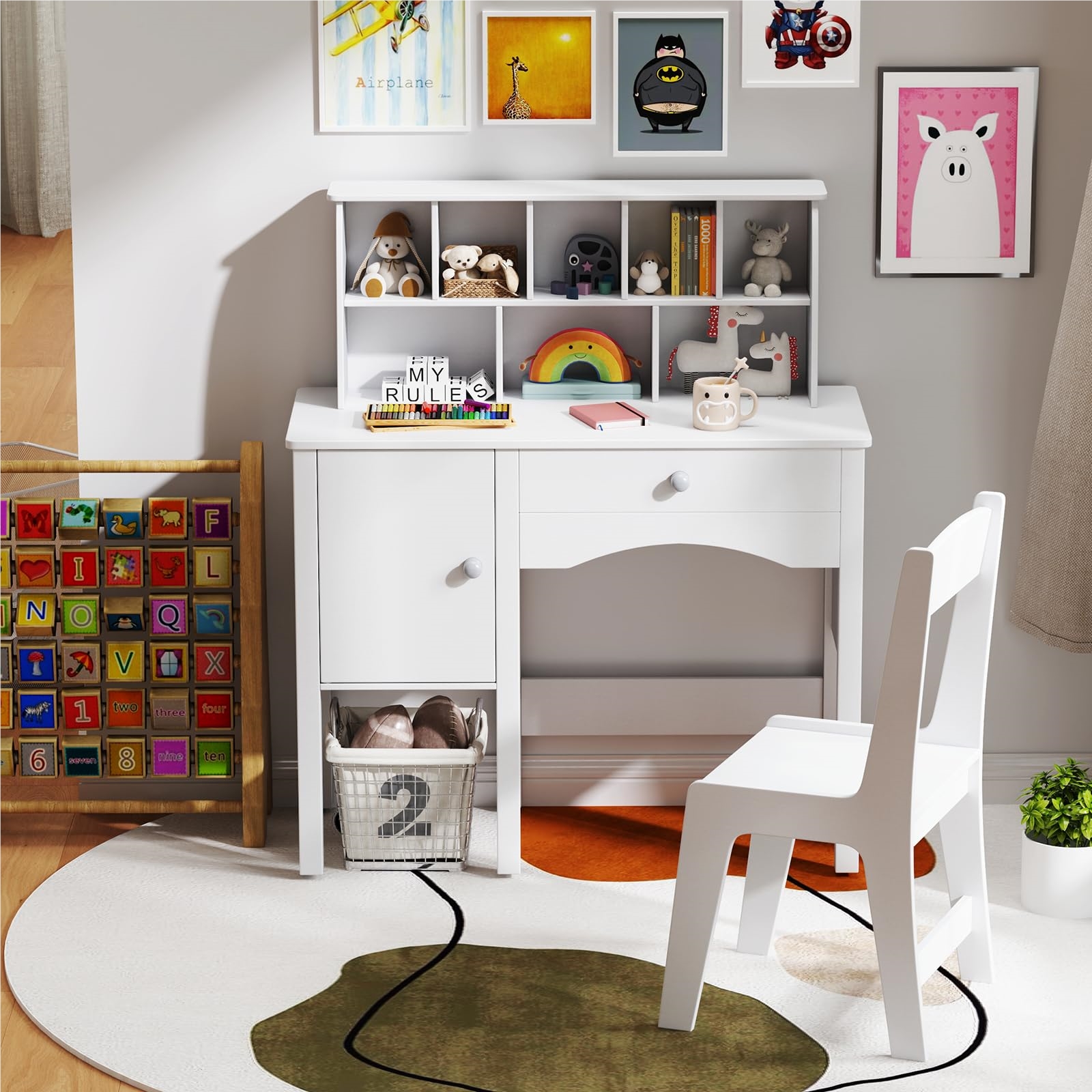 Image of Desk For Kids With Chair, Children's Desk With Drawer, Cabinet & Shelf, Wooden Study Desk For Kids' Room, 79 X 34 X 91cm, White