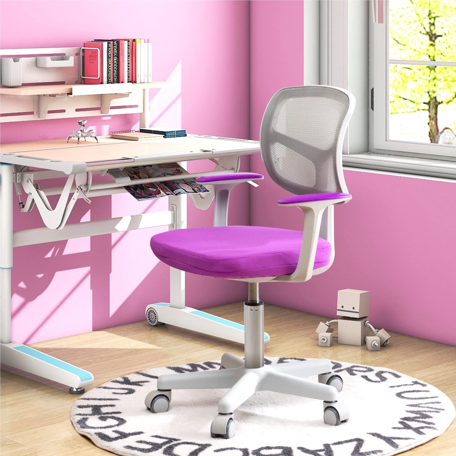 Image of 360° Rotatable Children's Desk Chair, 80 - 91.5 Cm Height-adjustable Youth Chair With Backrest & Armrests, Computer Chair With For Children From 3 - 10 Years Old (lilac)