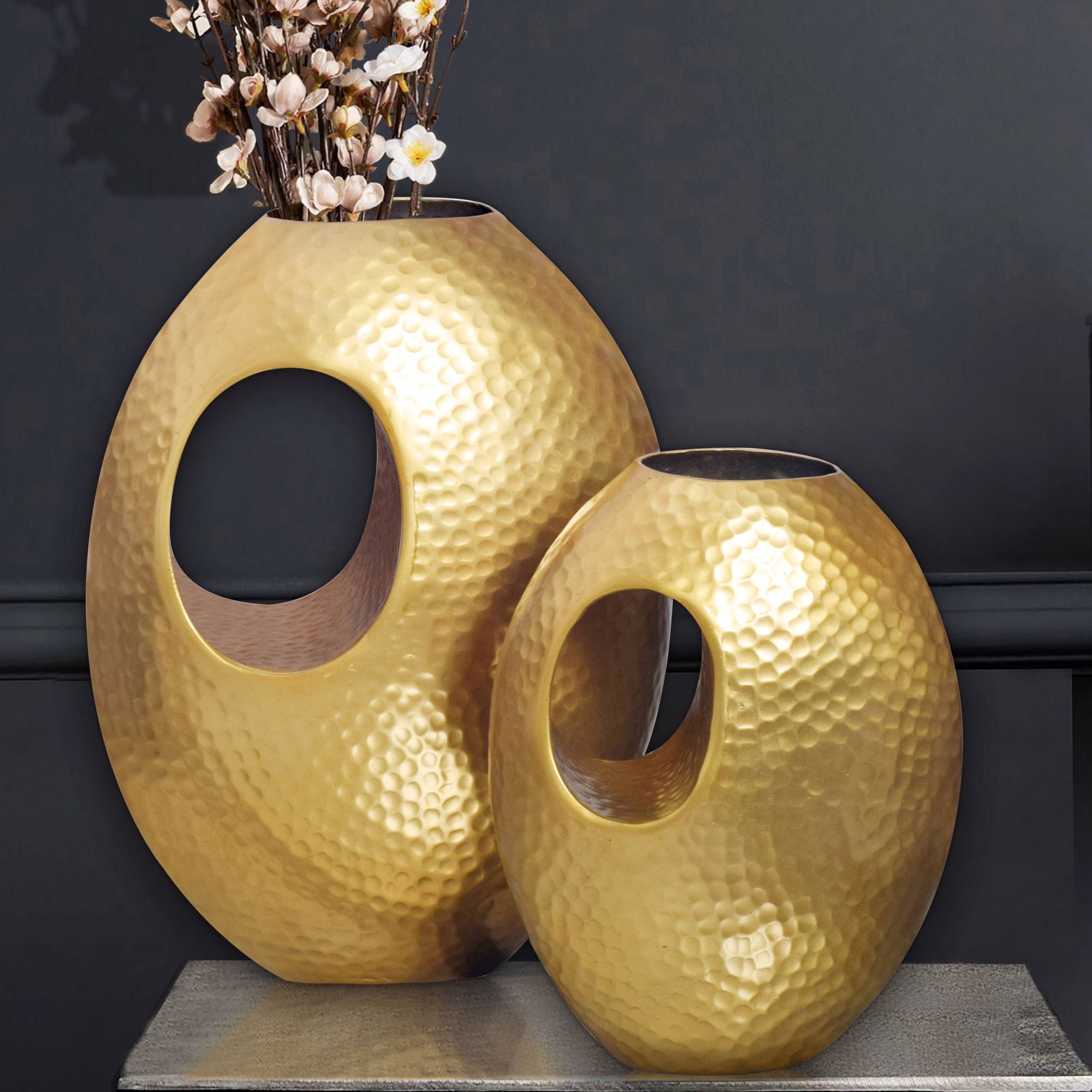 Image of Decorative Vase 2pcs Set Aluminum With Handle Vase, Decorative Vase 2-part For Flowers, Aluminum Table Vase Handcrafted