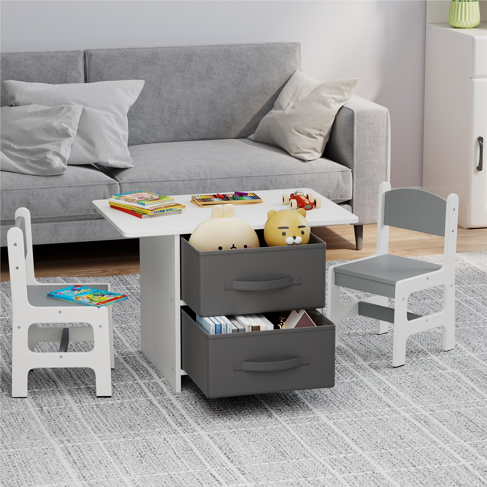 Image of Children's Table With 2 Chairs, 3-piece Wooden Kids' Seating Set With 2 Removable Baskets & Wide Tabletop, Activity Table Furniture For Eating, Drawing For Children Ages 3 And Up