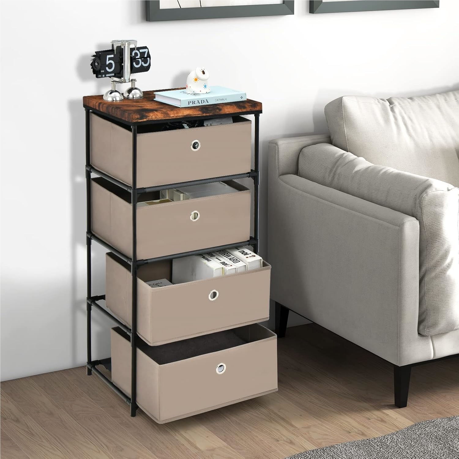 Image of Chest Of Drawers With 4 Removable Foldable Drawers, Fabric Drawer Cabinet, Fabric Chest Of Drawers