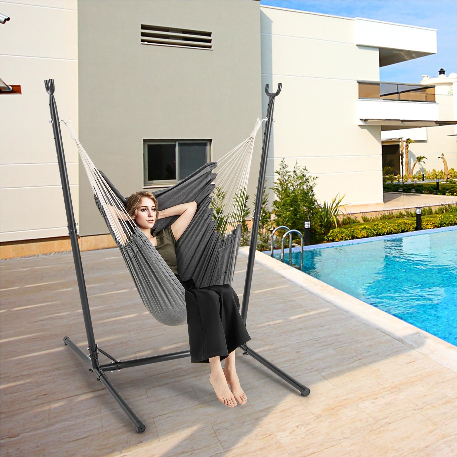 Image of Hanging Chair With Frame, 6-position Height-adjustable Hanging Swing With Side Pocket, Hanging Chair Supports Up To 120kg, Indoor & Outdoor Hanging Seat For Living Room, Bedroom, Terrace, Garden