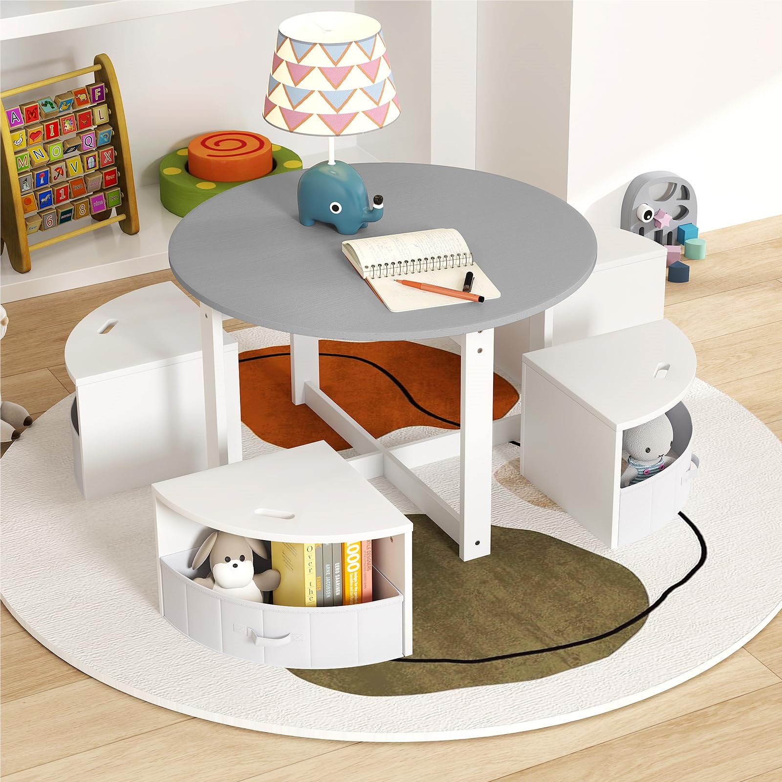 Image of Children's Round Table With 4 Chairs, 5-piece Wooden Kids' Seating Set With 4 Storage Stools & 4 Fabric Drawers, Space- Activity Table For Kids' Room, Seating Set For Children Ages 3 And Up (gray)