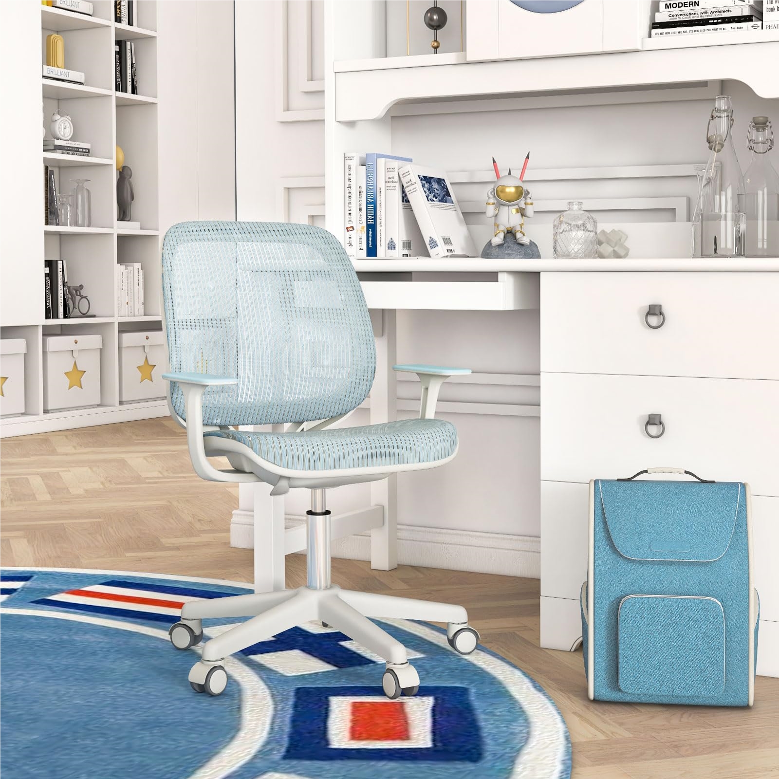 Image of Children' Chair 360°, Seat Height 43-55cm Adjustable, Ergonomic Youth Chair With Wheels, Office Chair With Backrest & Armrests For Children From 6 Years Old (blue)