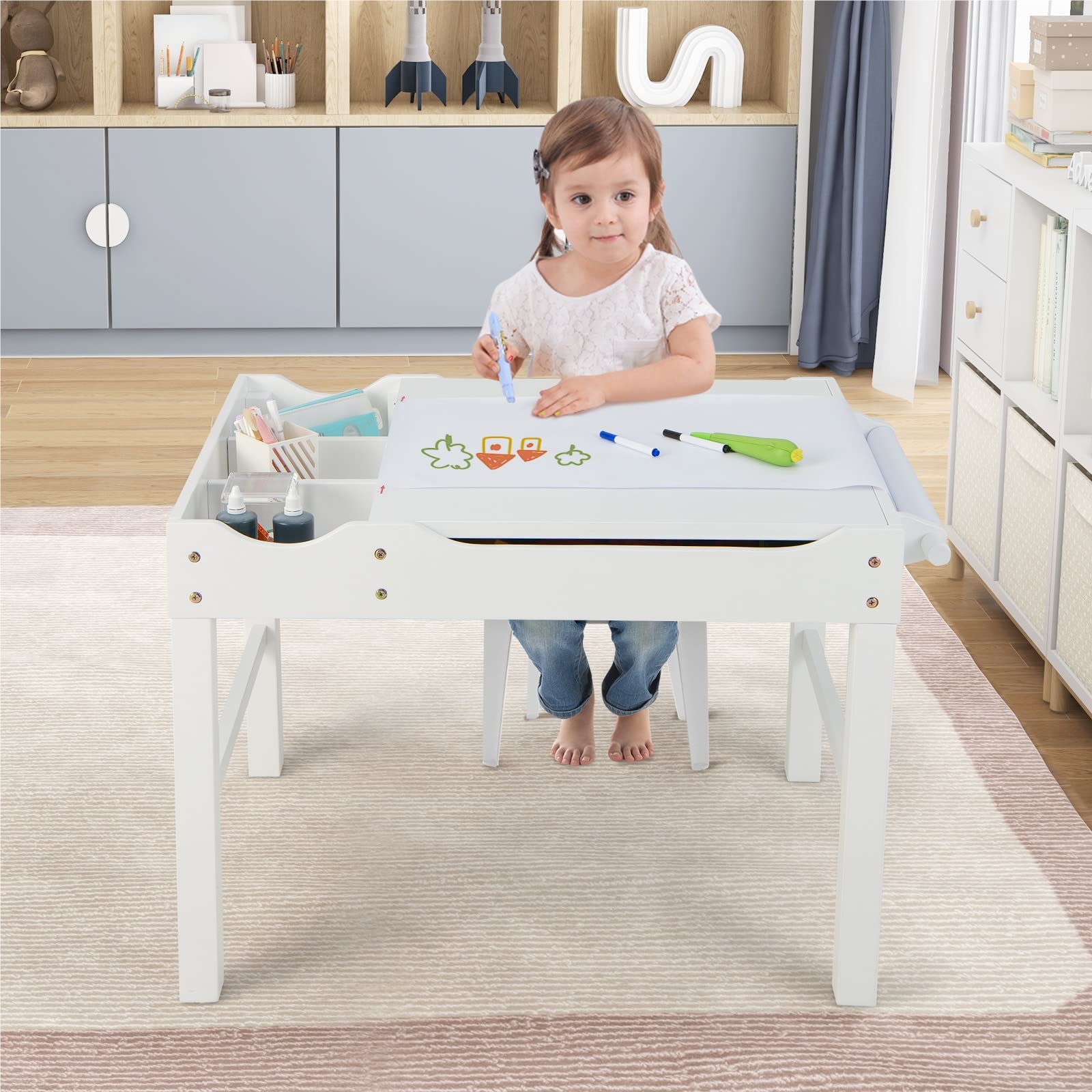2 In 1 Children's Table With Reversible Tabletop, Pine Wood Play Table With Storage, Side Rail & Paper Roll, Activity Table For Children From 3 Years (white)