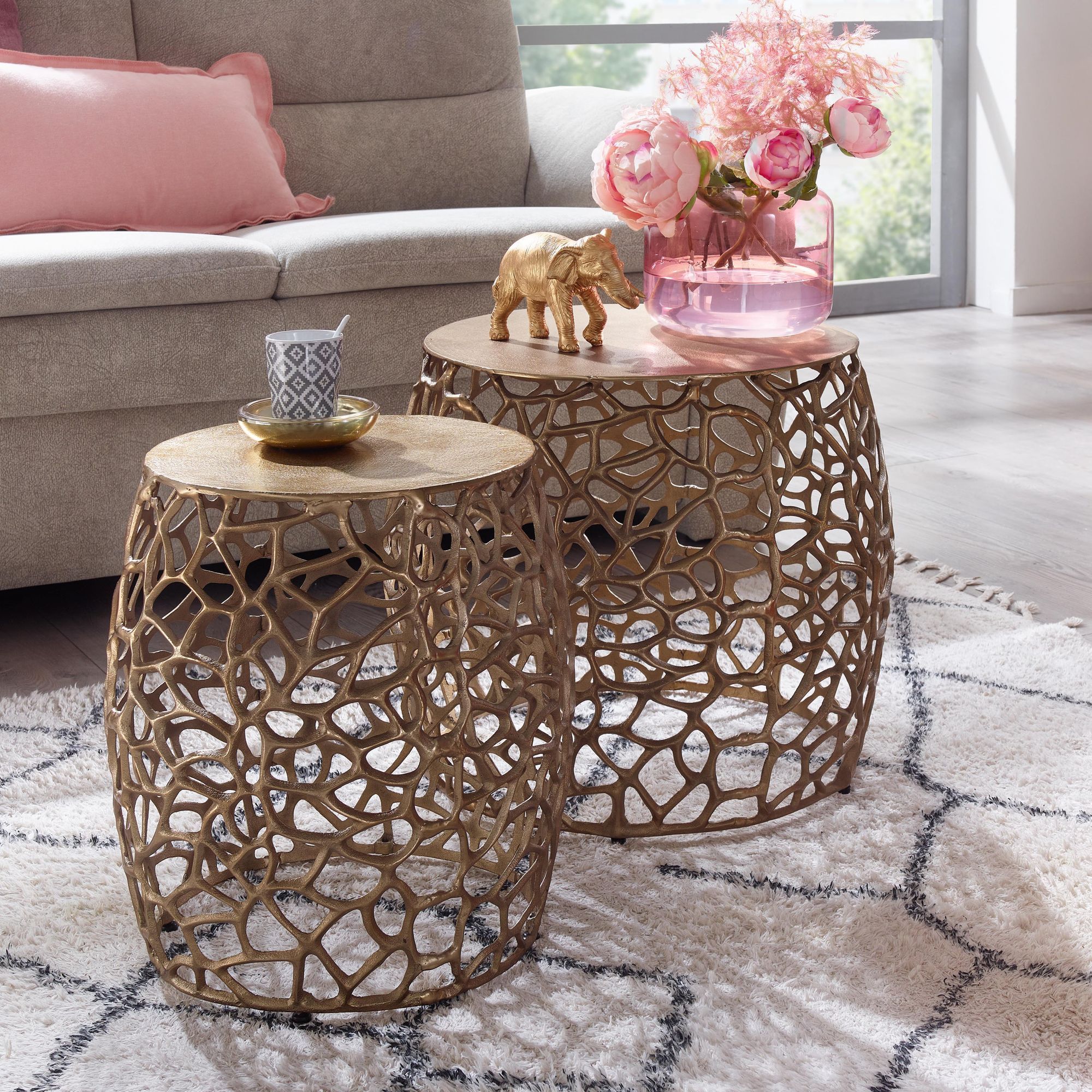 2-piece Side Table Set, Aluminum Design Round Metal Nesting Tables, Modern Living Room Coffee Table With Knot-grain Structure, 2-part Sofa Table For Living Room