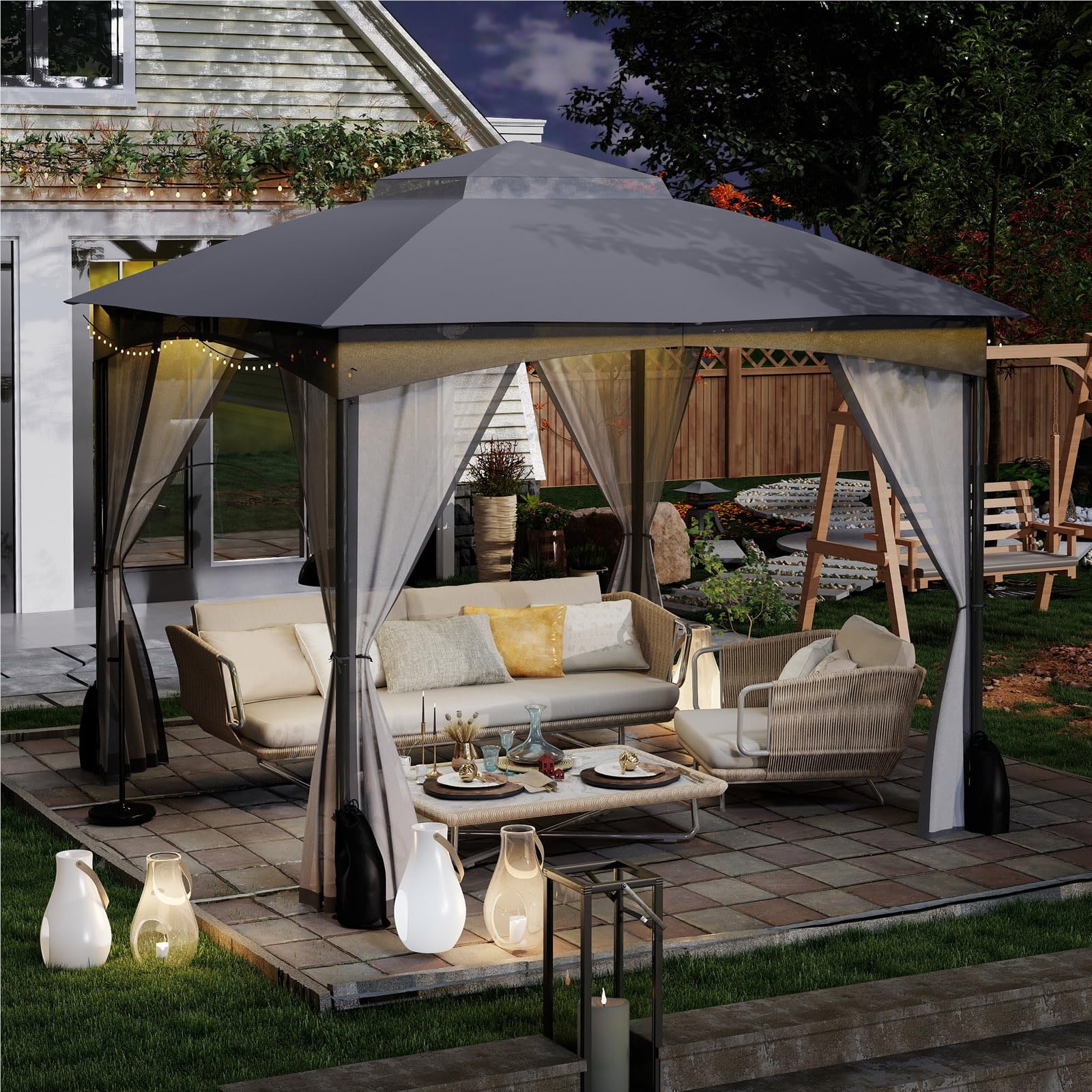 3 X 3 M, Garden With 4 Sandbags & 4 Nets & Double Roof & Stable & Winterproof, Garden Tent . Hooks, Party Tent For (gray)