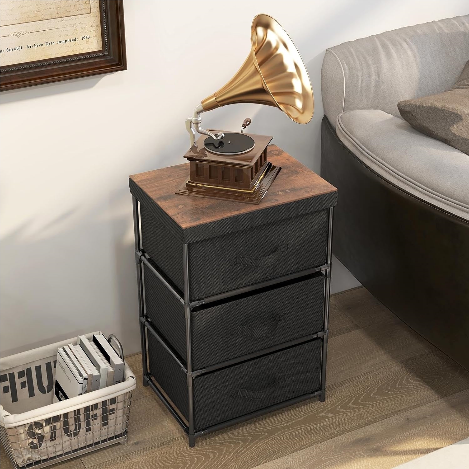 Image of Chest Of Drawers With 3 Removable & Foldable Drawers, Fabric Storage Furniture, Sturdy Metal Frame