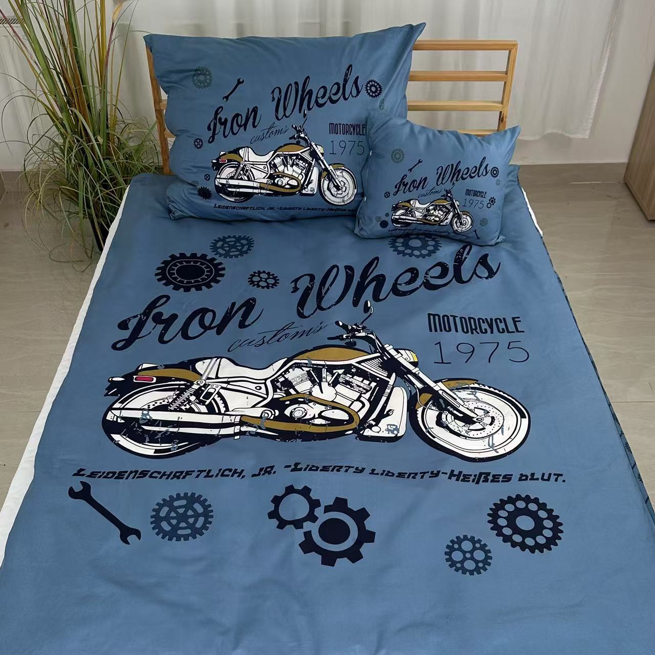TEMU 3-piece Blue Retro Motorcycle Bedding Set - Motorcycle Bedding, Blue Bedding, Retro Bedding, 3-piece Bedding Set