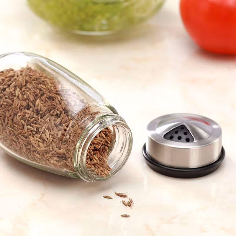 6 jar revolving spice rack organizer holder kitchen countertop seasoning stand rotating spice rack with stainless steel lid rotating seasoning organizer black details 4