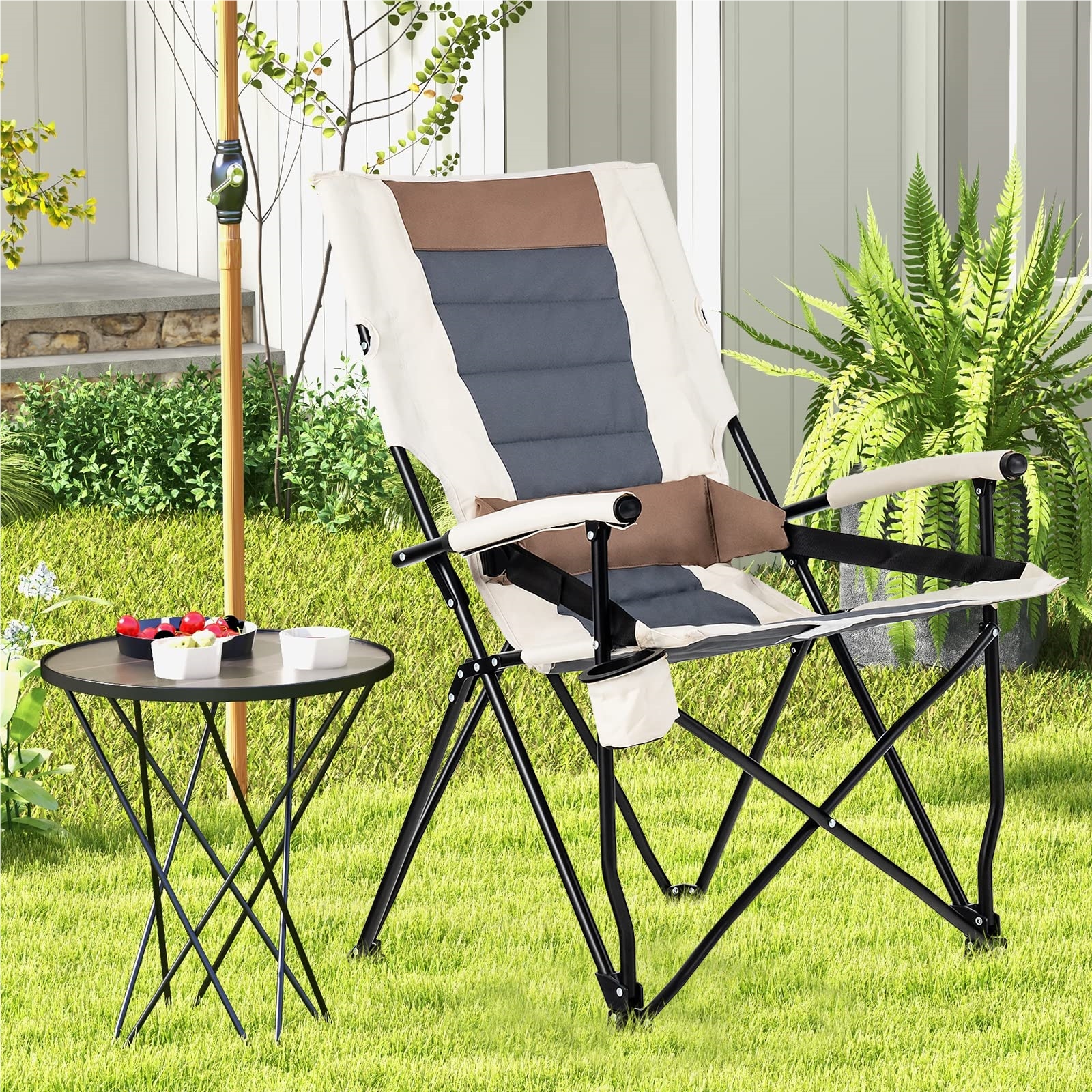 Image of Camping Chair With Drink Holder & Lumbar Cushion, Folding Chair, Padded Fishing Chair, Load Capacity Of 150 Kg, Portable Folding Chair For Picnic, Garden, Camping And Fishing.