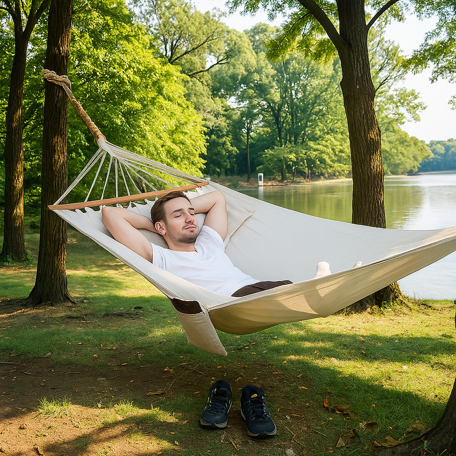 Image of Hammock 210 X 150 Cm, Outdoor, With 2 Wooden Bars, 2 Pillows, Loadable Up To 300 Kg