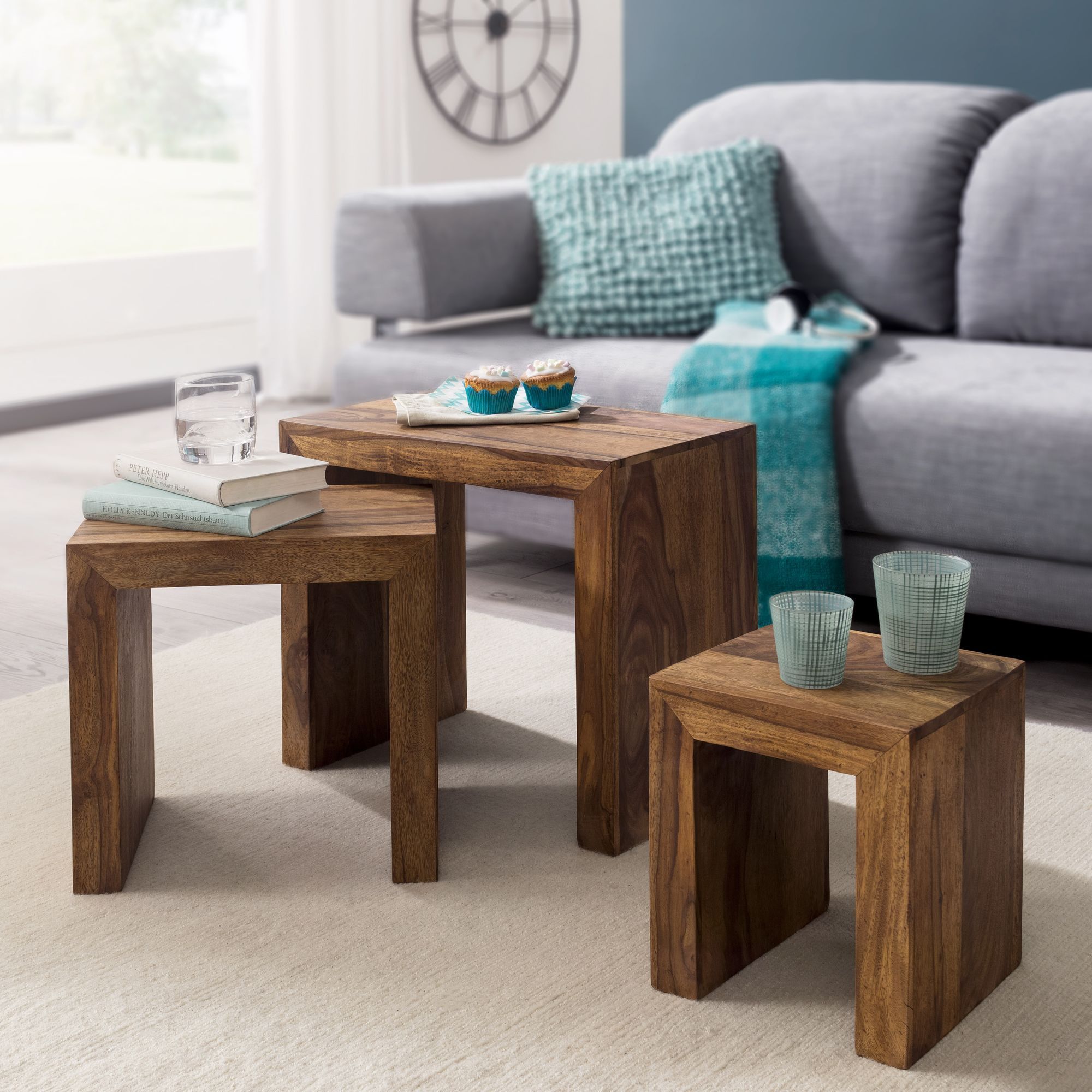 Image of 3rd Set Solid Wood Coffee Table Living Room Table Country Style Side Table Dark Brown Natural Wood Sofa Table Natural Product Living Room Furniture Unique Solid Wood Furniture End Table
