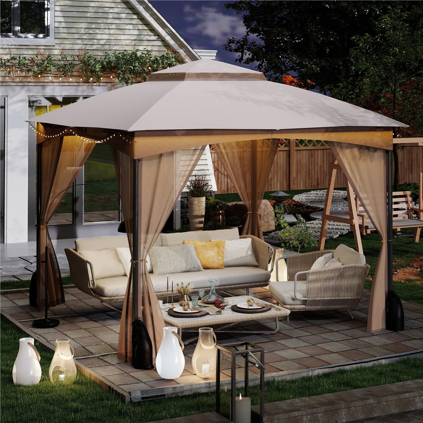 Image of 3 X 3 M , Garden With 4 Sandbags & 4 Nets & Double Roof, Waterproof & Stable & Winterproof, Garden Tent Including Hooks, Party Tent For (khaki)