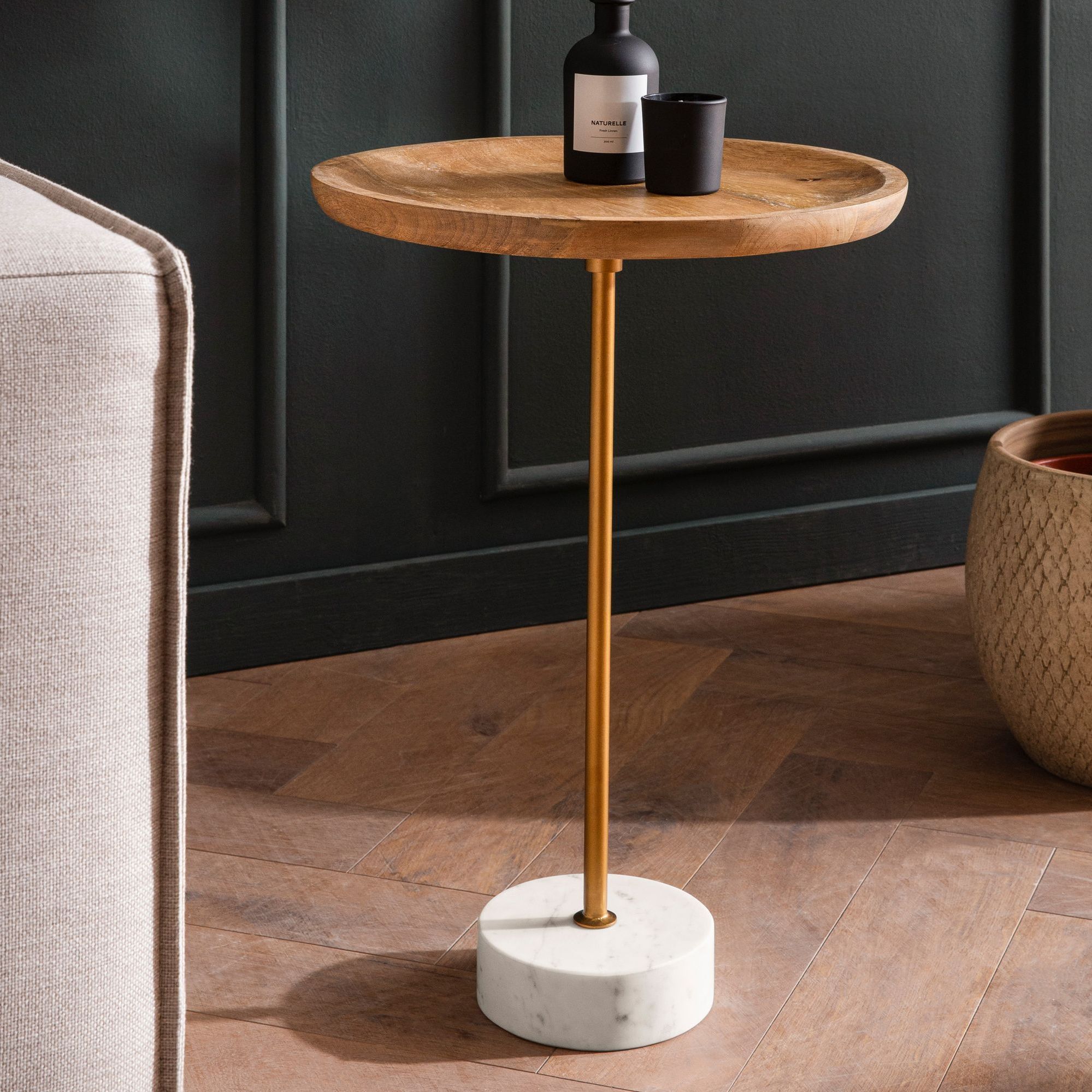 Image of Mango Solid Wood Side Table With Genuine , 40x40x55 Cm, Round Modern Coffee Table, Small Accent Table For Living Room, Sofa Table, High End Table