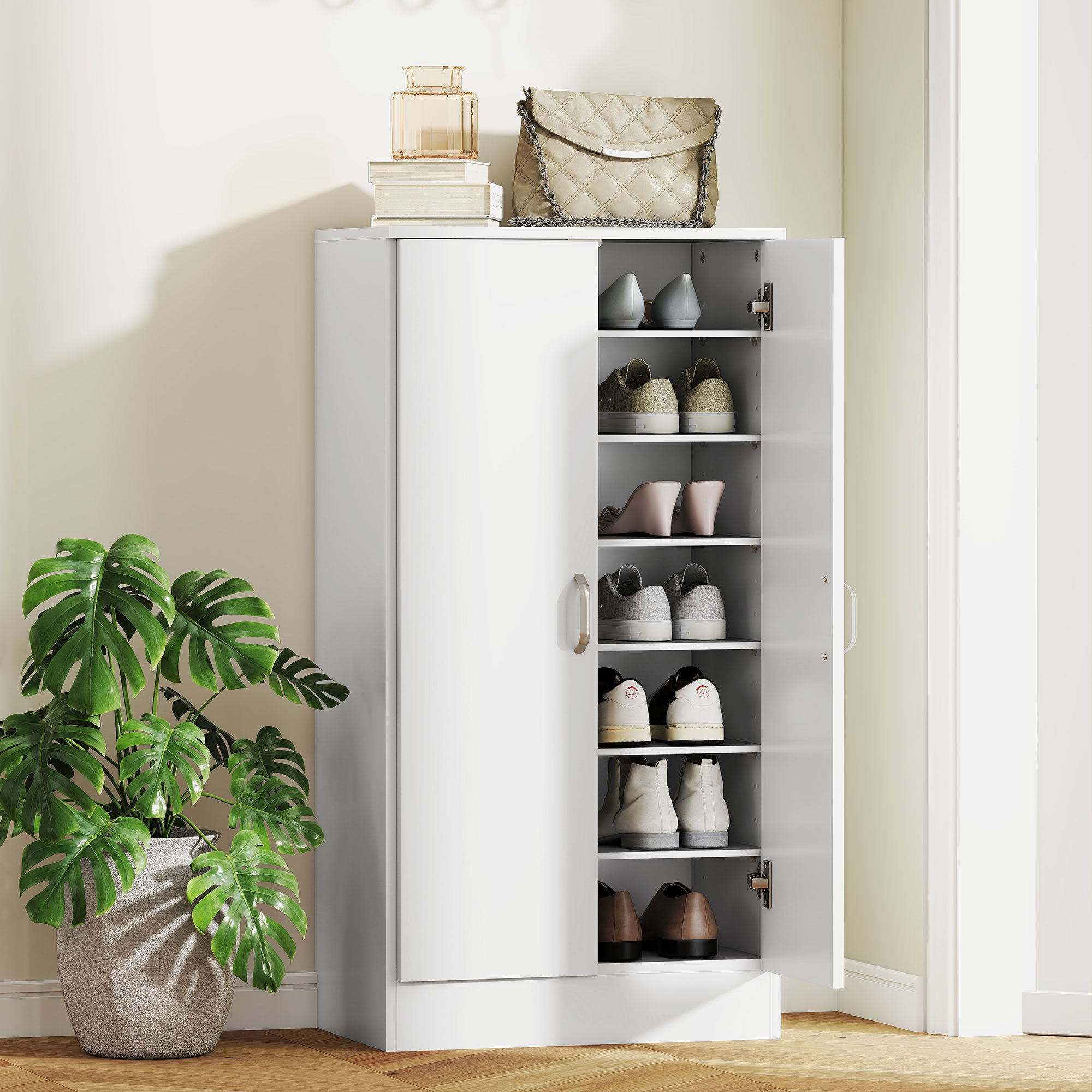Shoe Cabinet With 2 Doors, Shoe Rack, Shoe Storage With 6 Adjustable Shelves, Shoe Dresser With Function For 14 Pairs Of Shoes, 55 X 35 X 108 Cm, White.